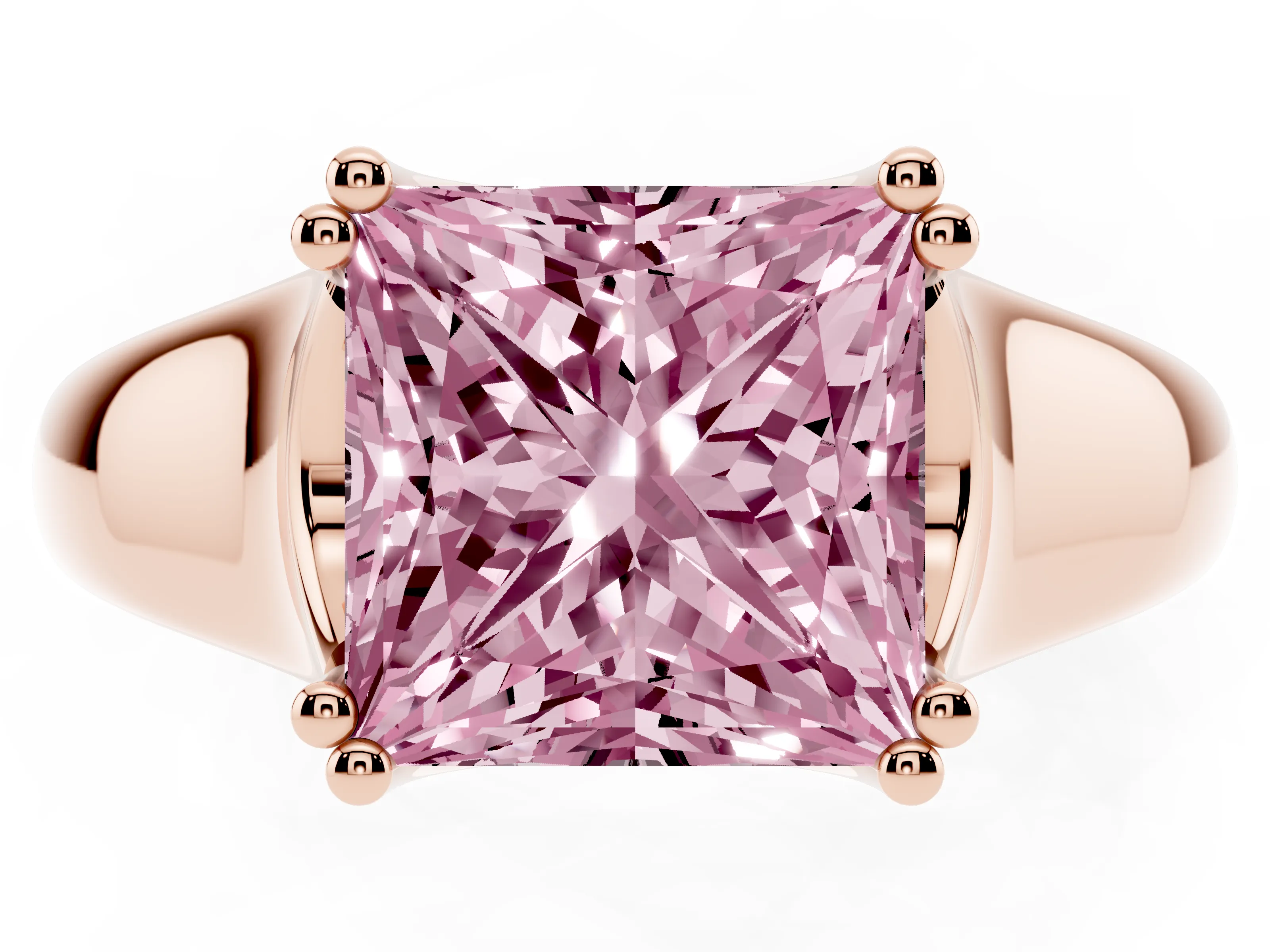 Fancy Pink Princess Cut Diamond Solitaire Ring Set in Rose gold with Wide Band and Prong Setting
