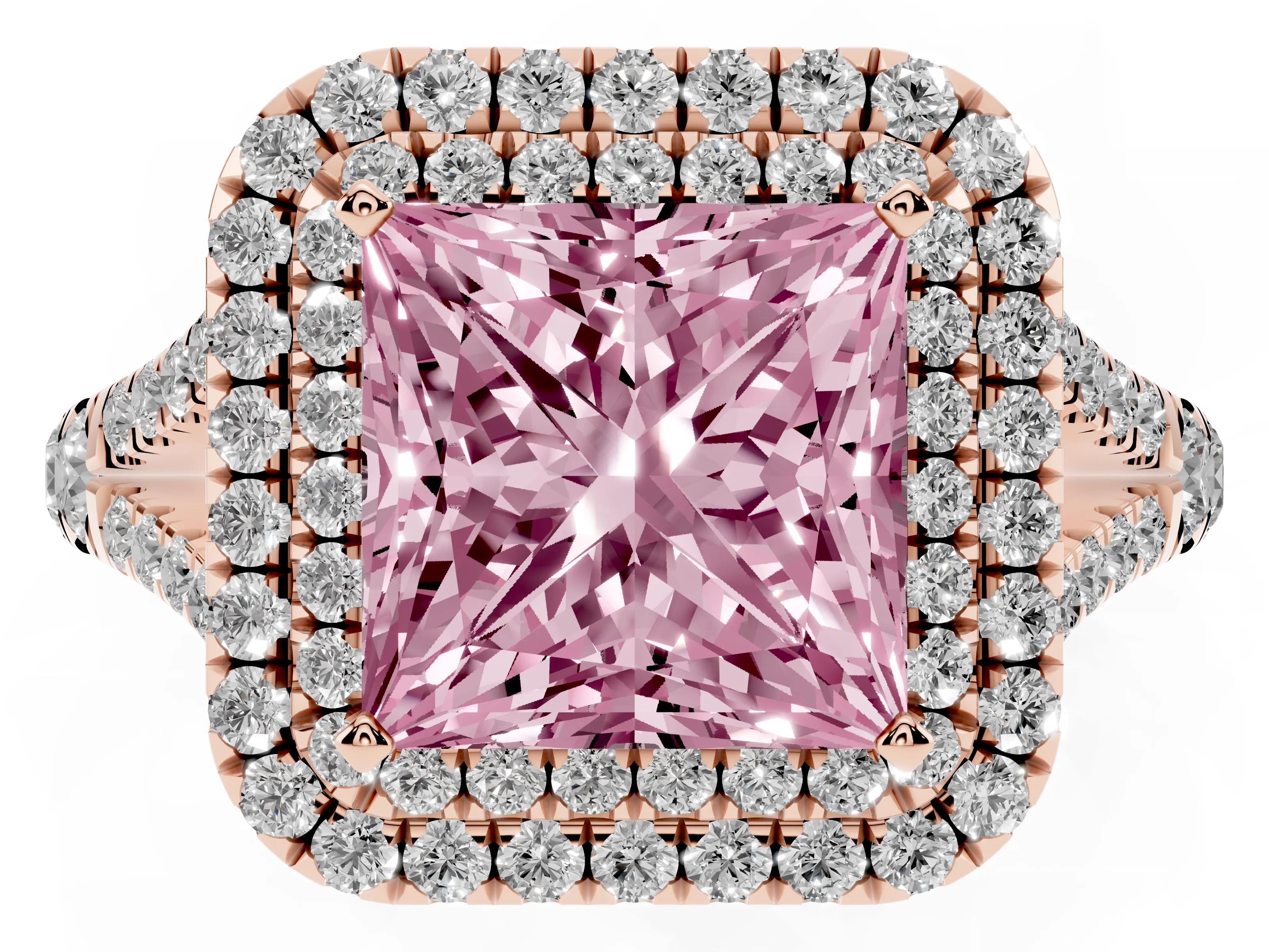 Fancy Pink Princess Cut Diamond Pavé Split Shank Double Halo Engagement Ring Set in Rose gold