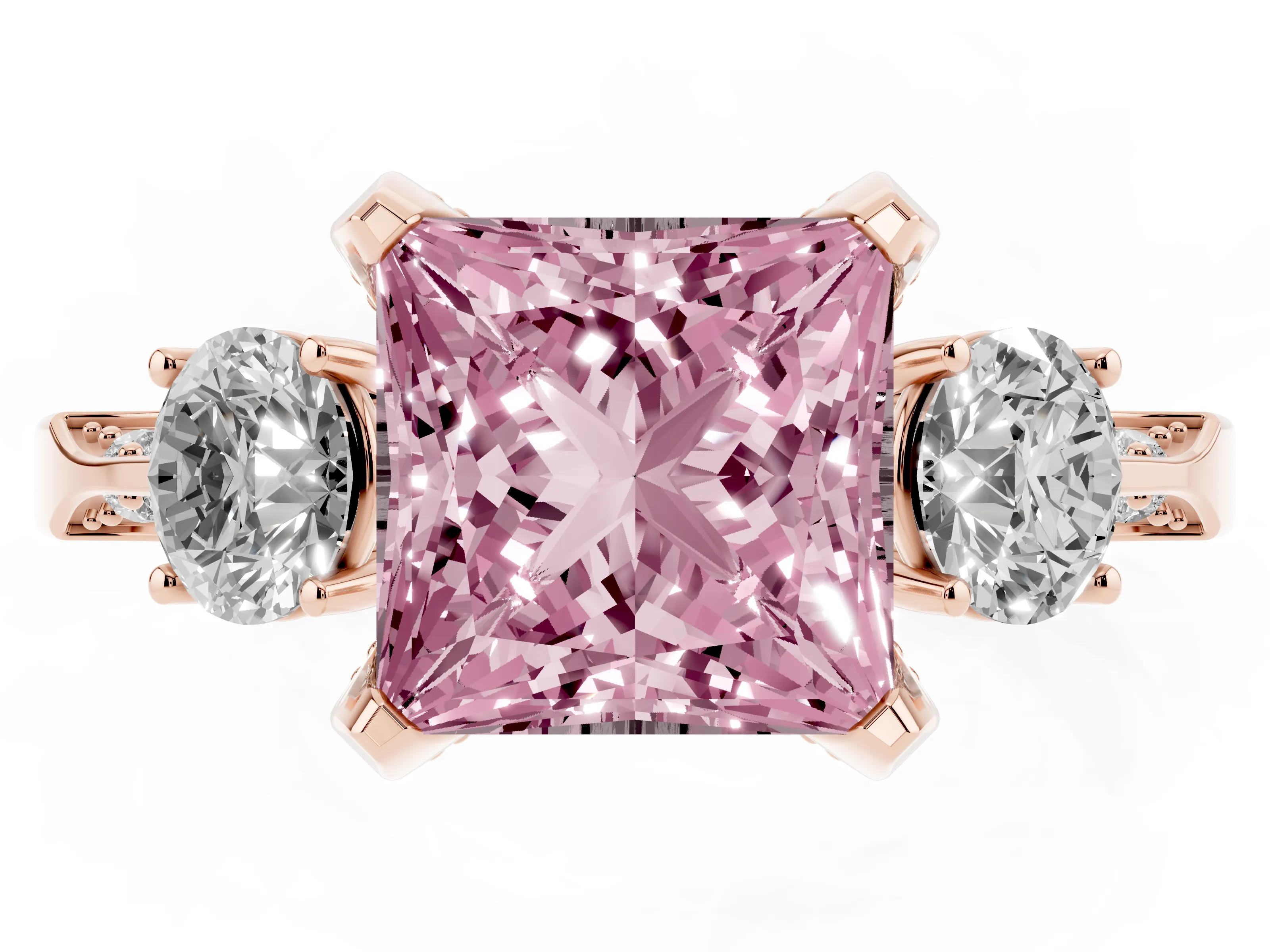 Fancy Pink Princess Cut Diamond Three-Stone Ring Set in Rose gold with Pavé Band and Smaller Side Stones
