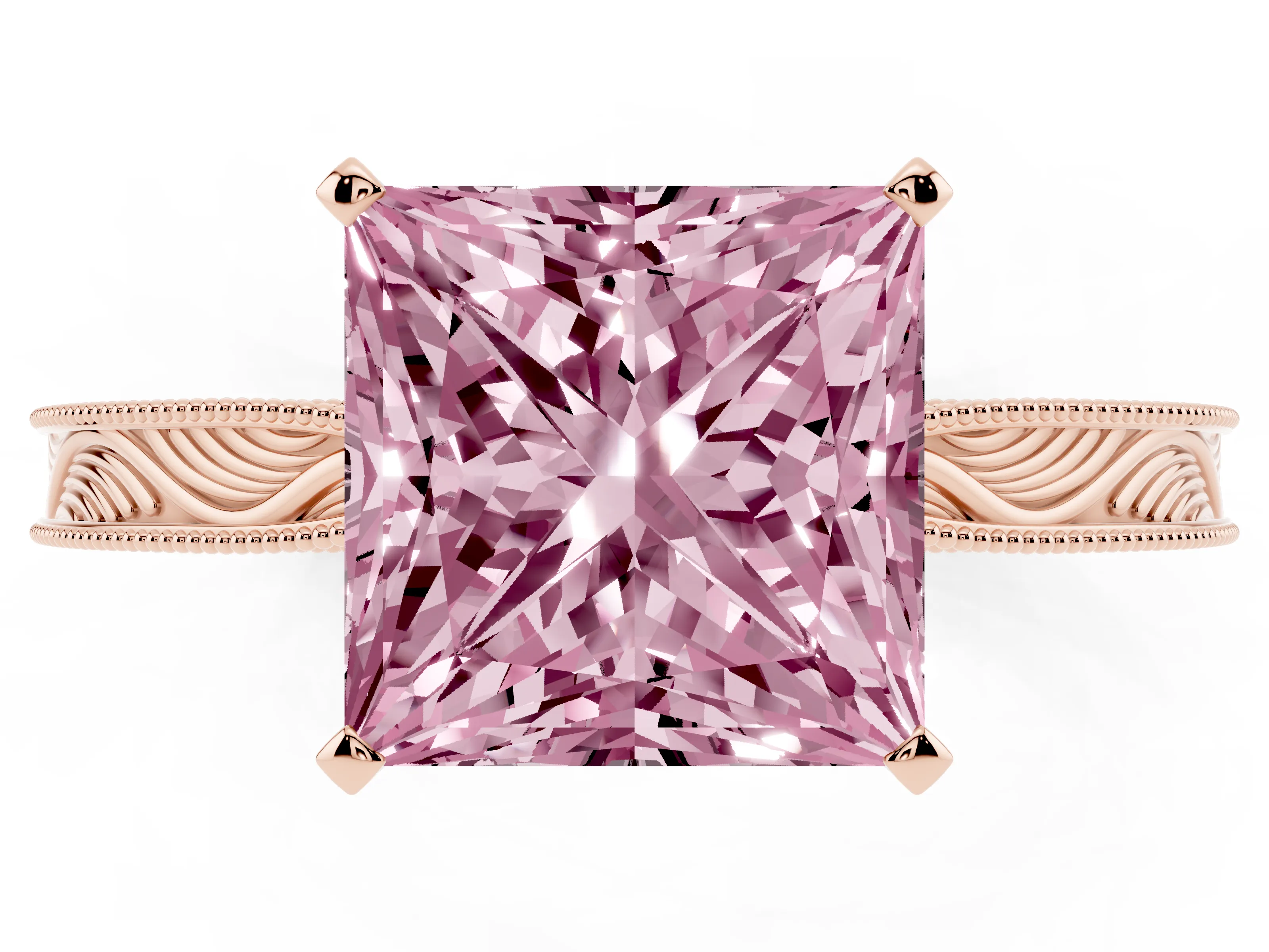 Fancy Pink Princess Cut Diamond Solitaire Milgrain Engraved Band Set in Rose gold with Prong Setting
