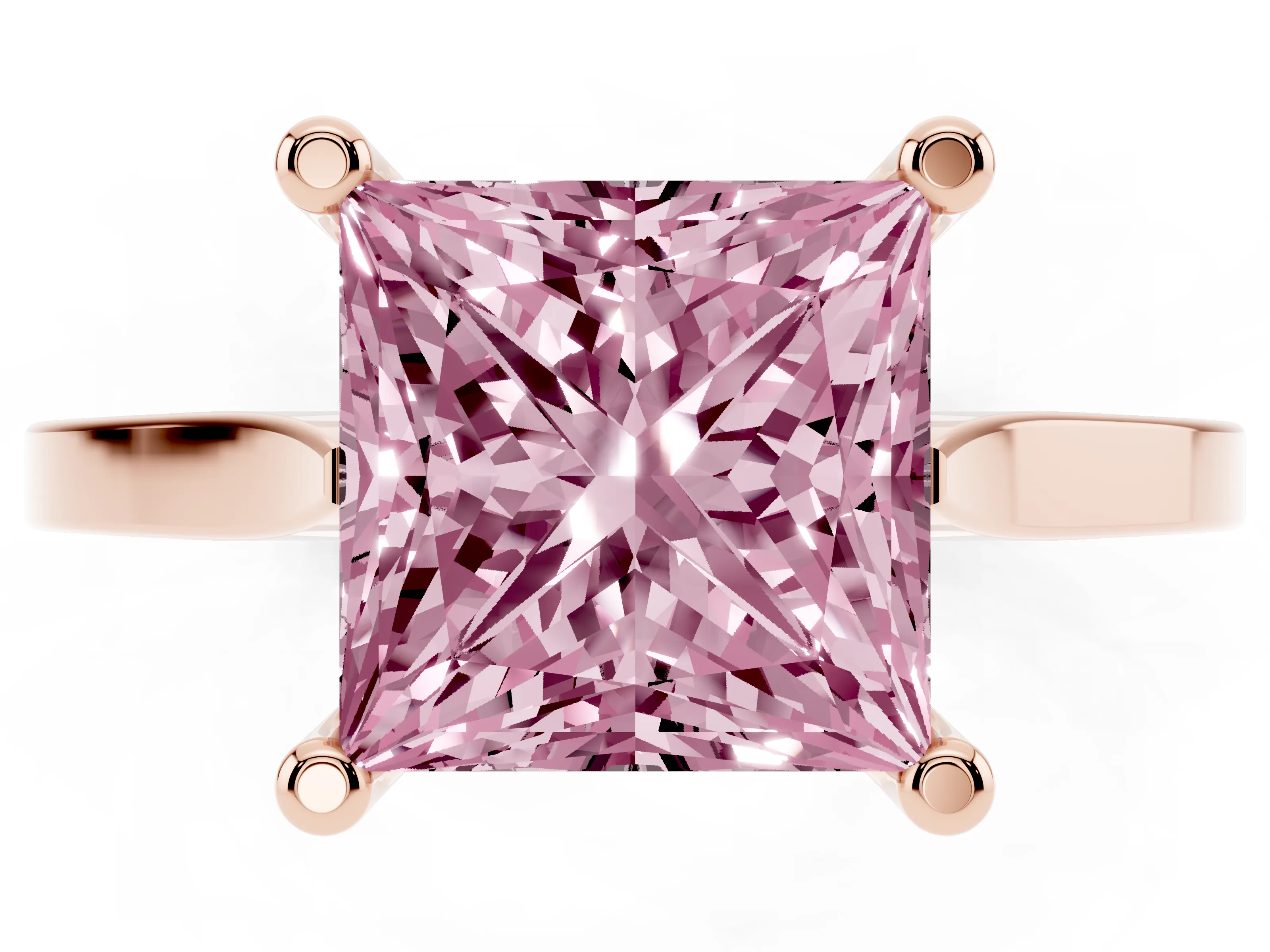 Fancy Pink Princess Cut Diamond Solitaire Ring Set in Rose gold with Prong Setting and Tapered Band