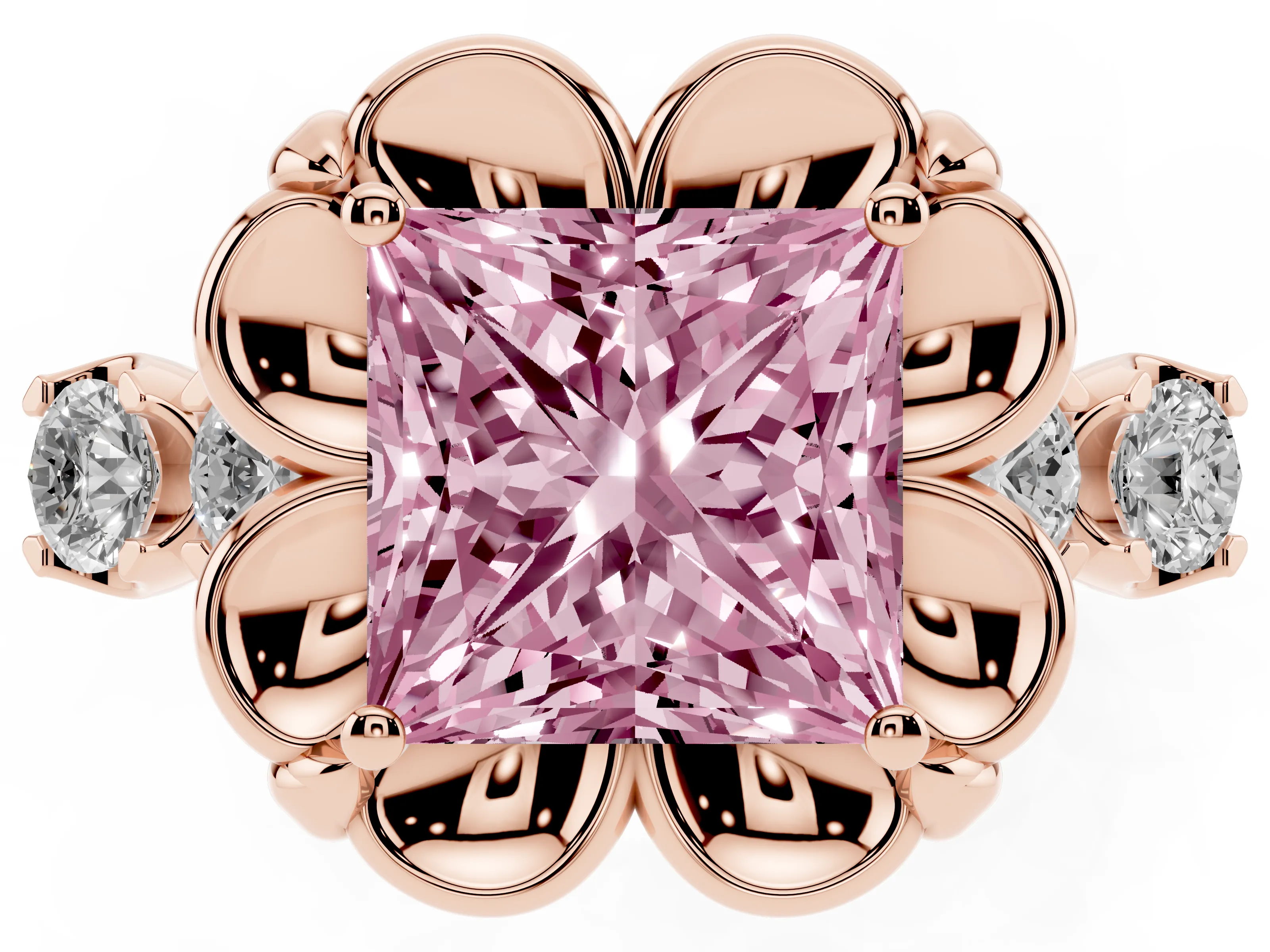 Fancy Pink Princess Cut Diamond Floral Halo Ring Set in Rose gold with Shared Prong Band