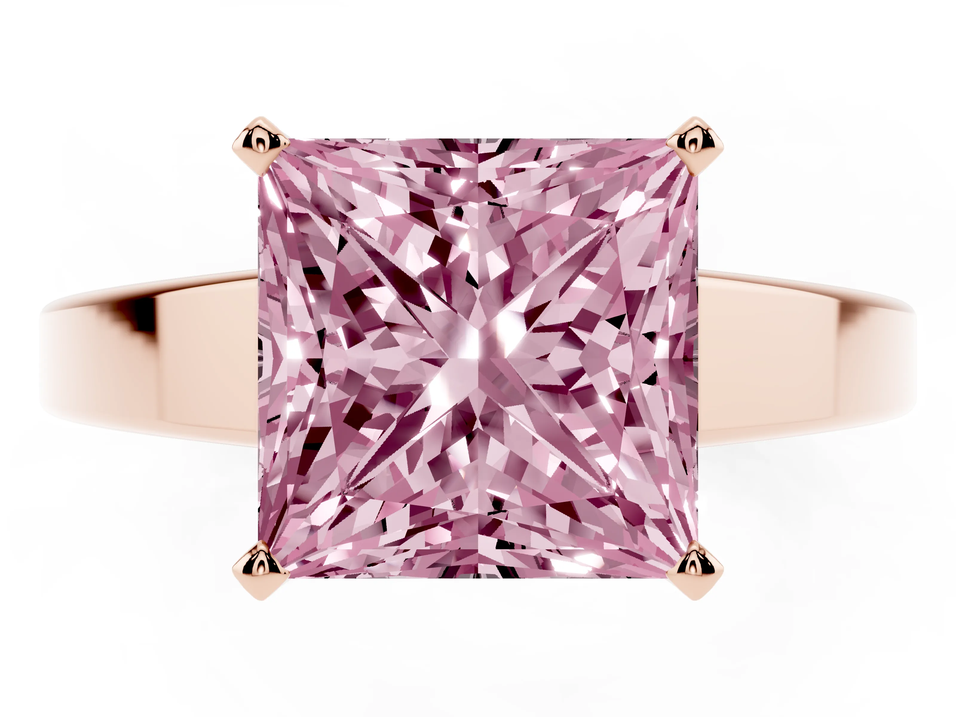 Fancy Pink Princess Cut Diamond Solitaire Engagement Ring Set in Rose gold with Prong Setting and Tapered Band