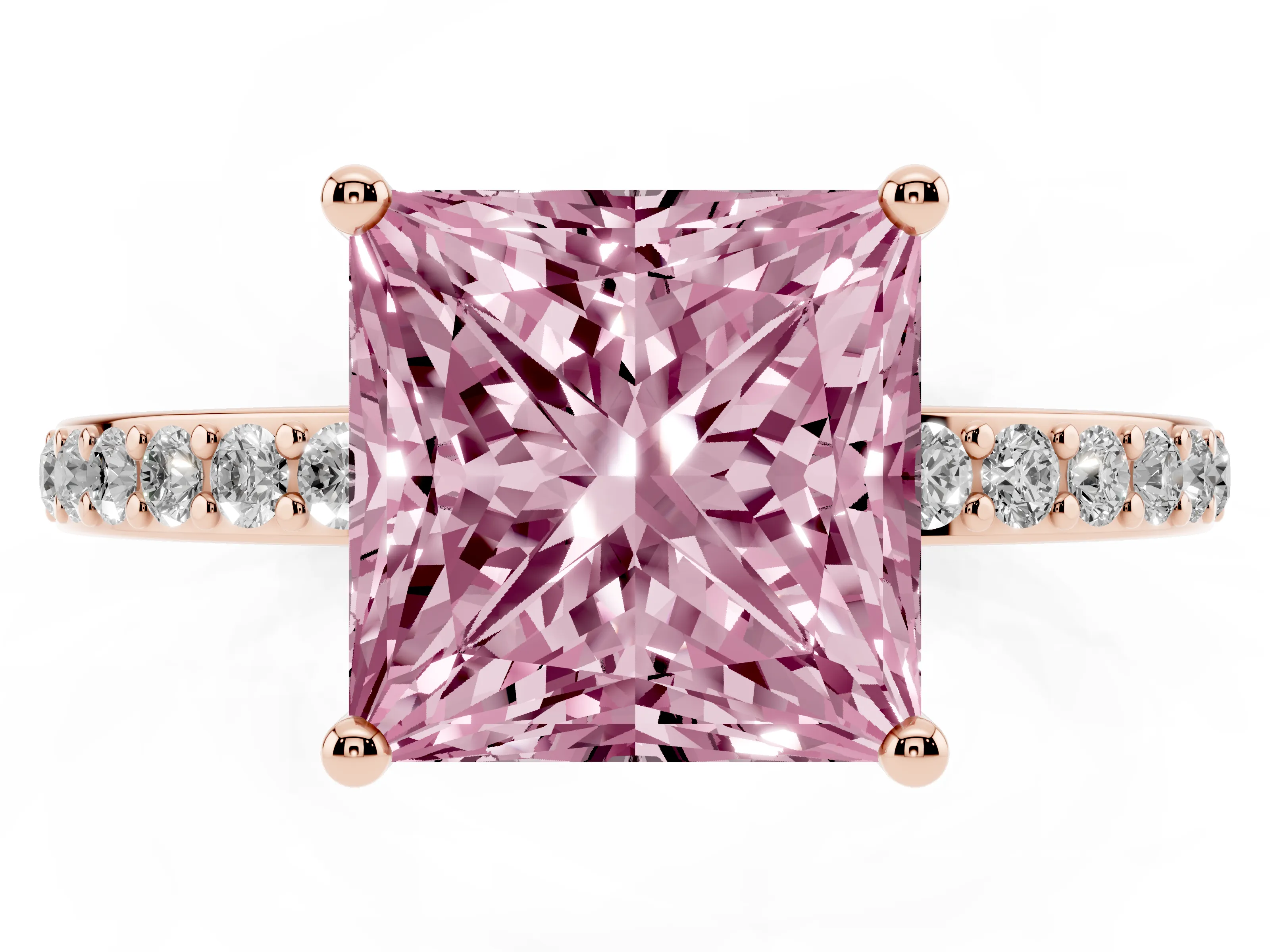 Fancy Pink Princess Cut Diamond Pavé Band Ring Set in Rose gold with Prong-Set Center Stone