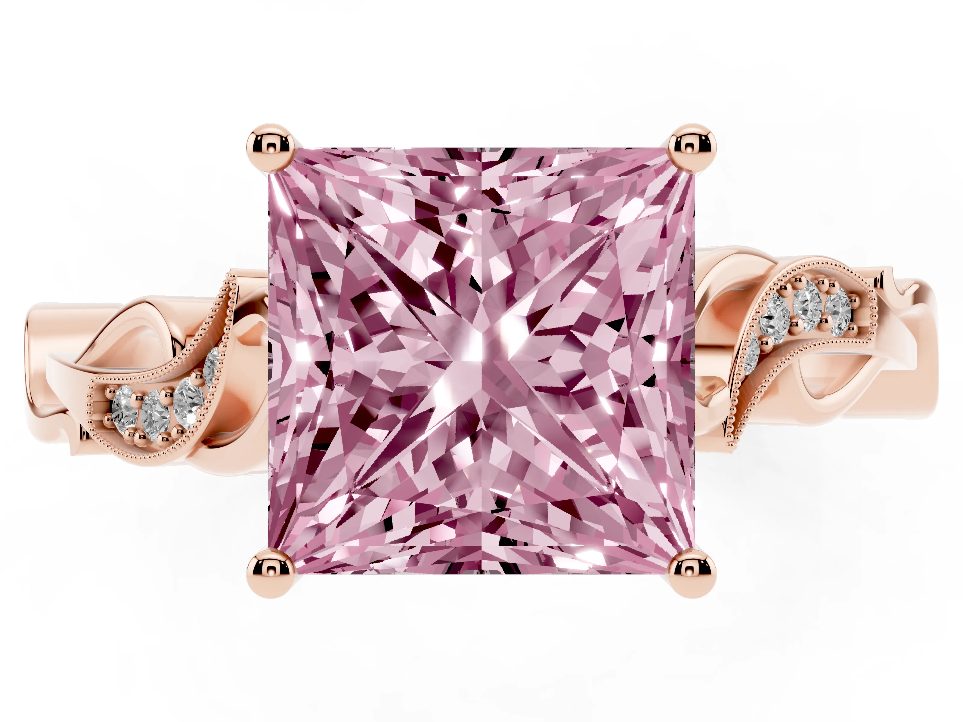 Fancy Pink Princess Cut Diamond Vine Band Solitaire Ring Set in Rose gold with Milgrain Prong Setting