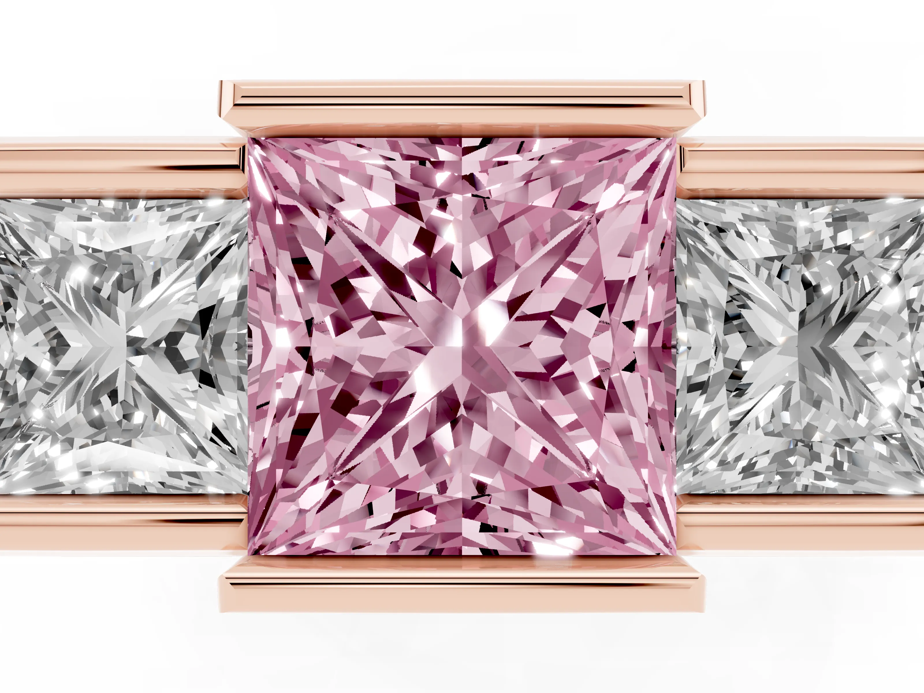 Fancy Pink Princess Cut Diamond Three-Stone Channel Set Ring Set in Rose gold with Smooth Polished Band
