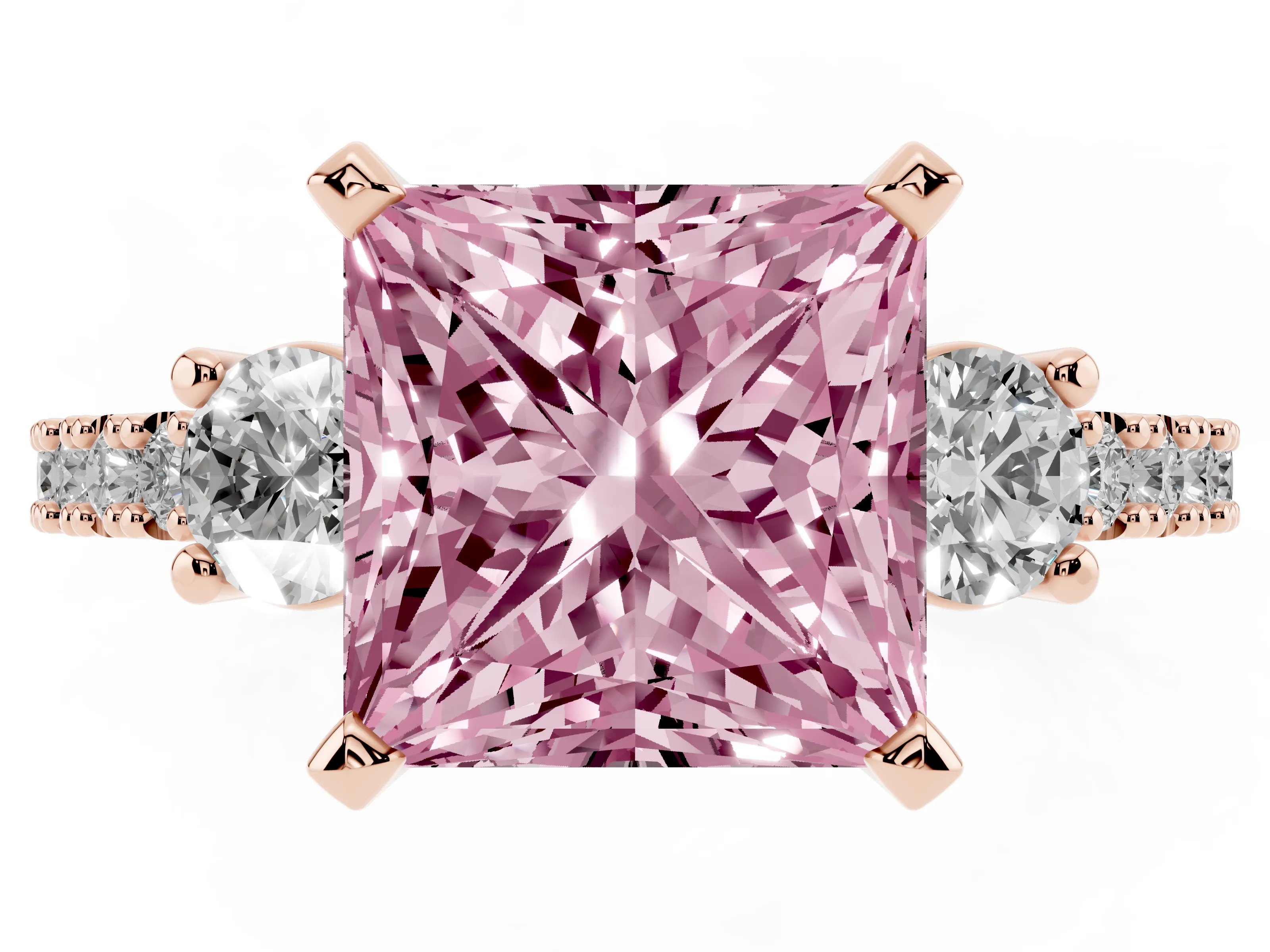 Fancy Pink Three-Stone Princess Cut Diamond Pavé Band Ring Set in Rose gold with Prong Setting