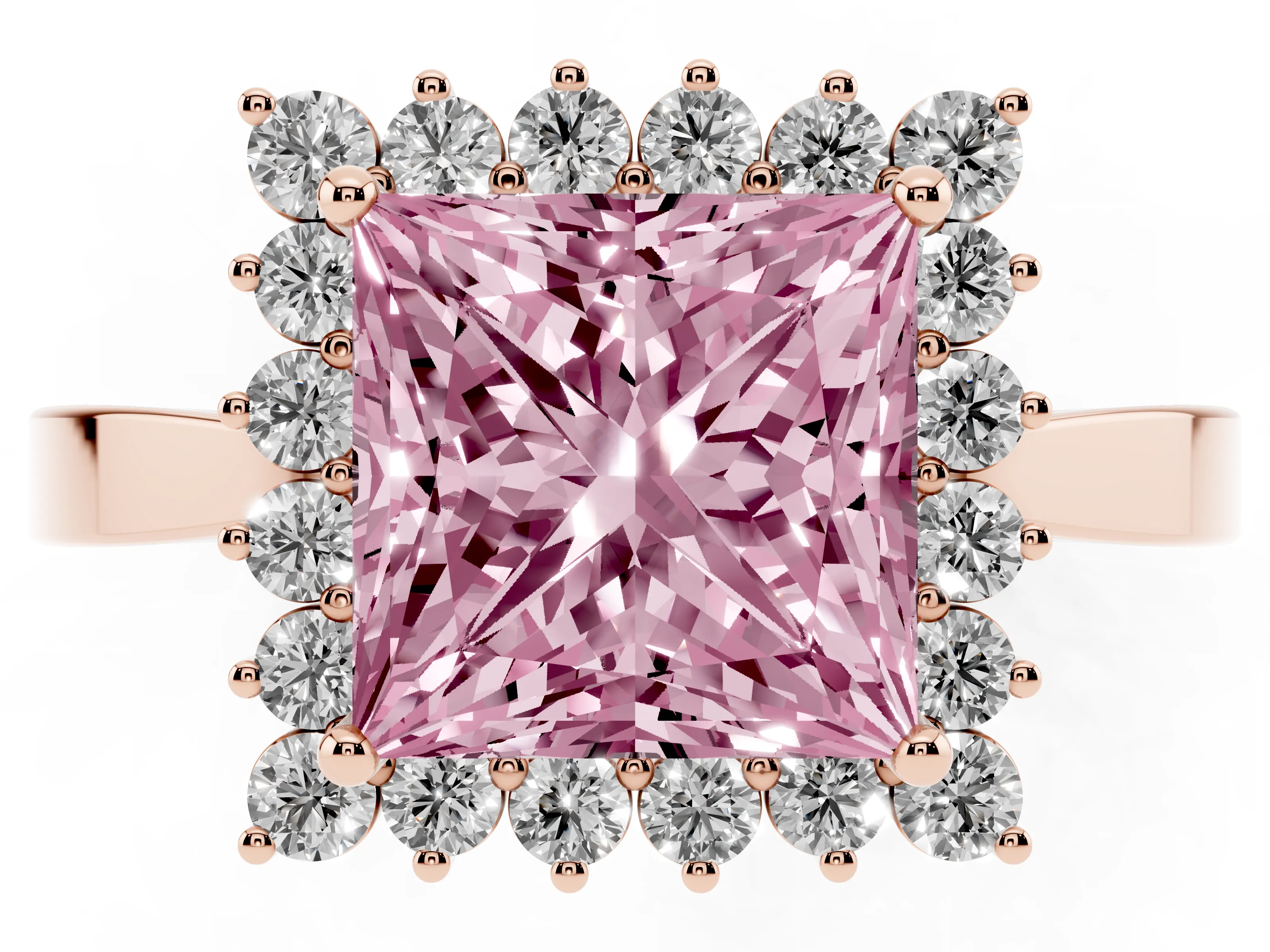 Fancy Pink Princess Cut Diamond Halo Ring Set in Rose gold with Round Halo and Smooth Solitaire Band