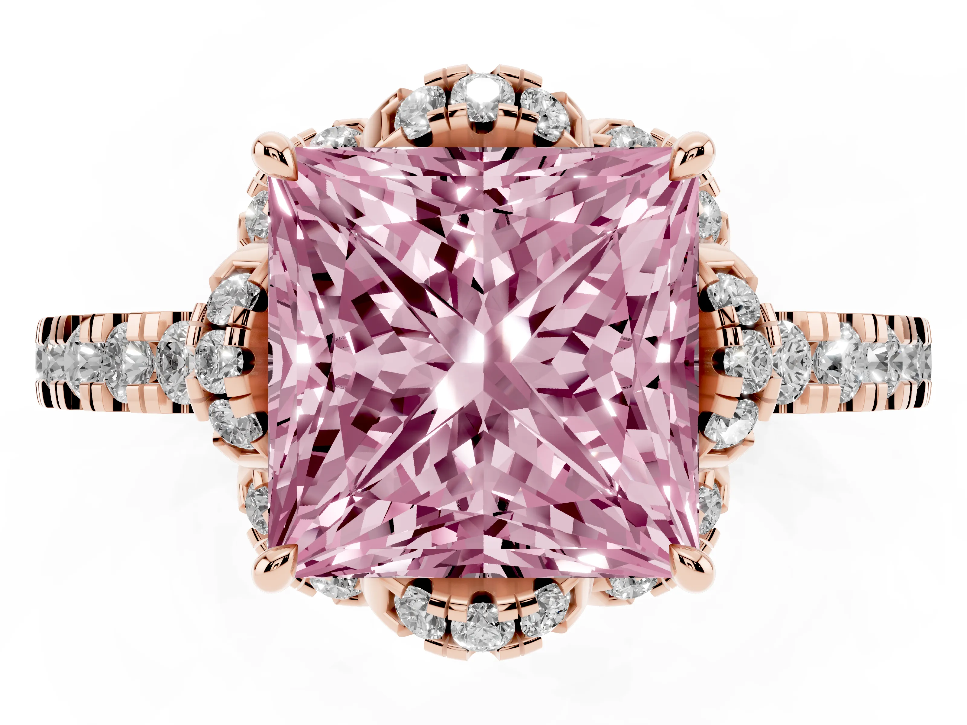 Fancy Pink Princess Cut Diamond Halo Pavé Band Ring Set in Rose gold with Prong-Held Center