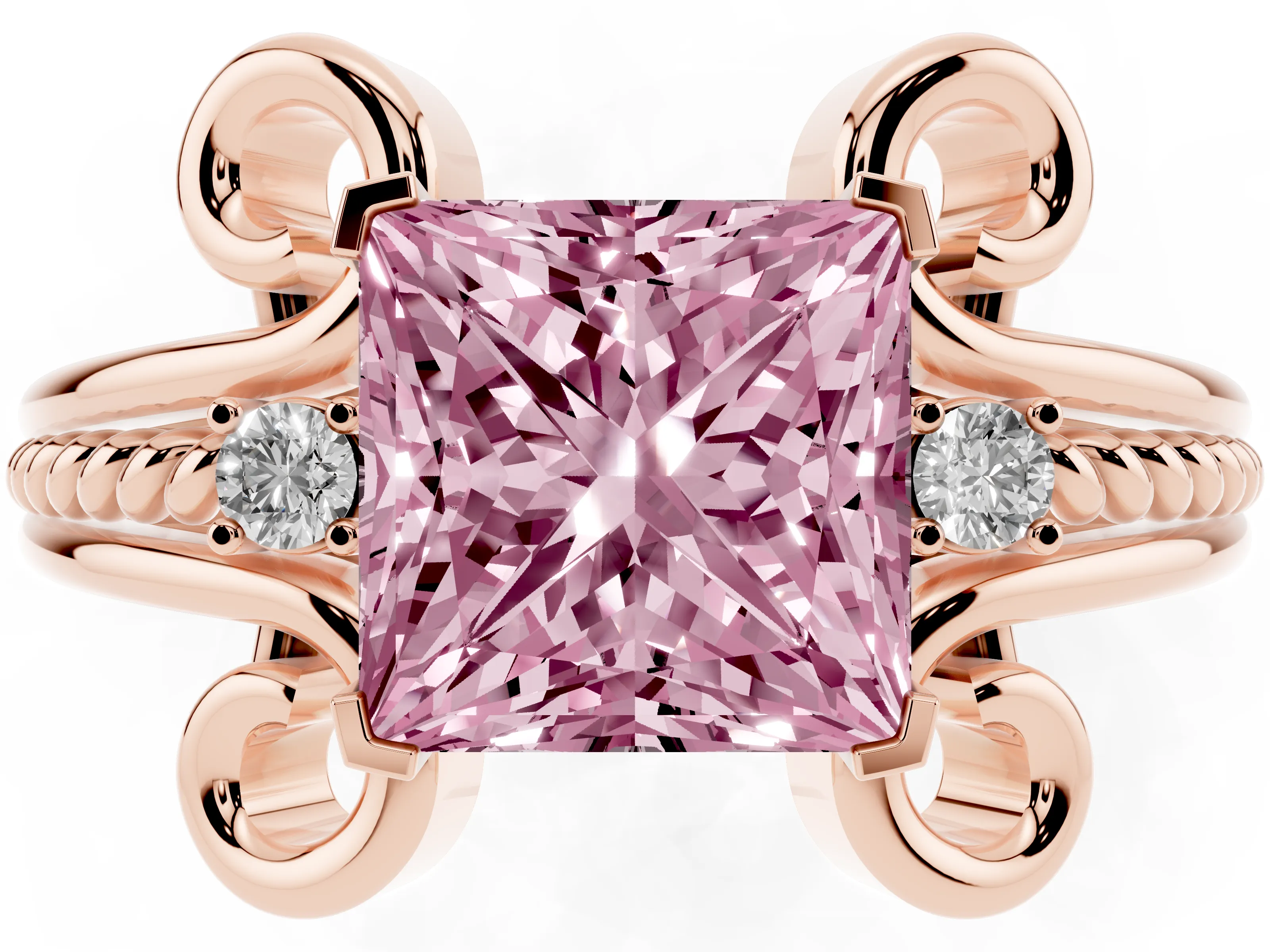 Fancy Pink Princess Cut Diamond Twisted Band Solitaire Ring Set in Rose gold with Scroll Prongs