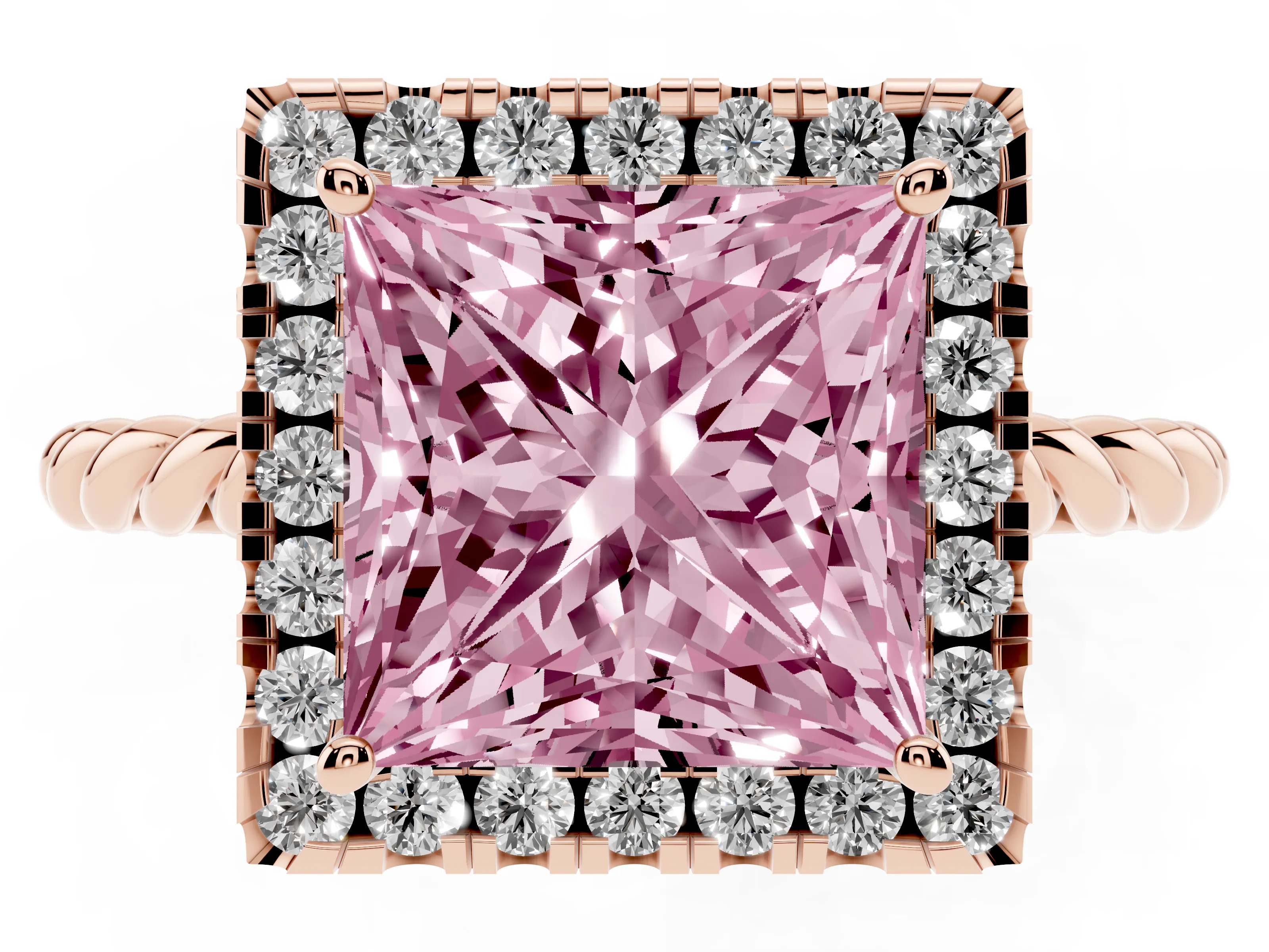 Fancy Pink Princess Cut Diamond Halo Ring Set in Rose gold with Plain Twisted Band