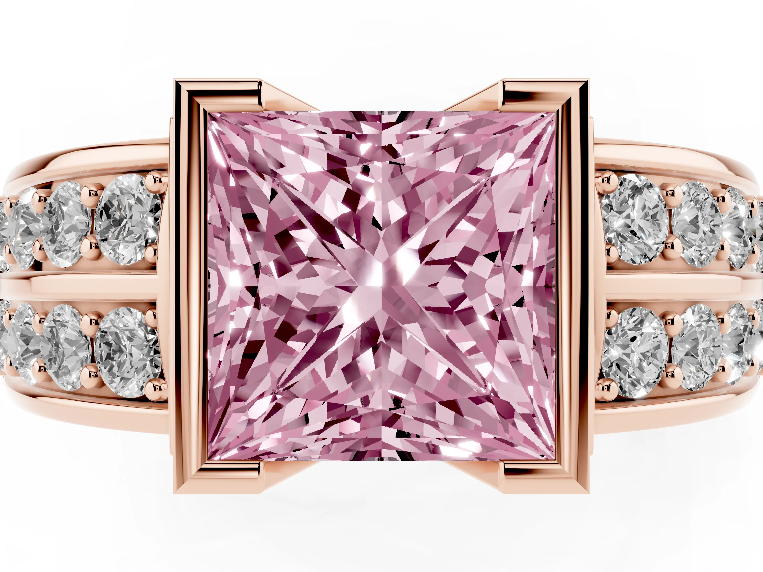 Fancy Pink Princess Cut Diamond Wide Channel Set Band Ring Set in Rose gold with Bezel Setting