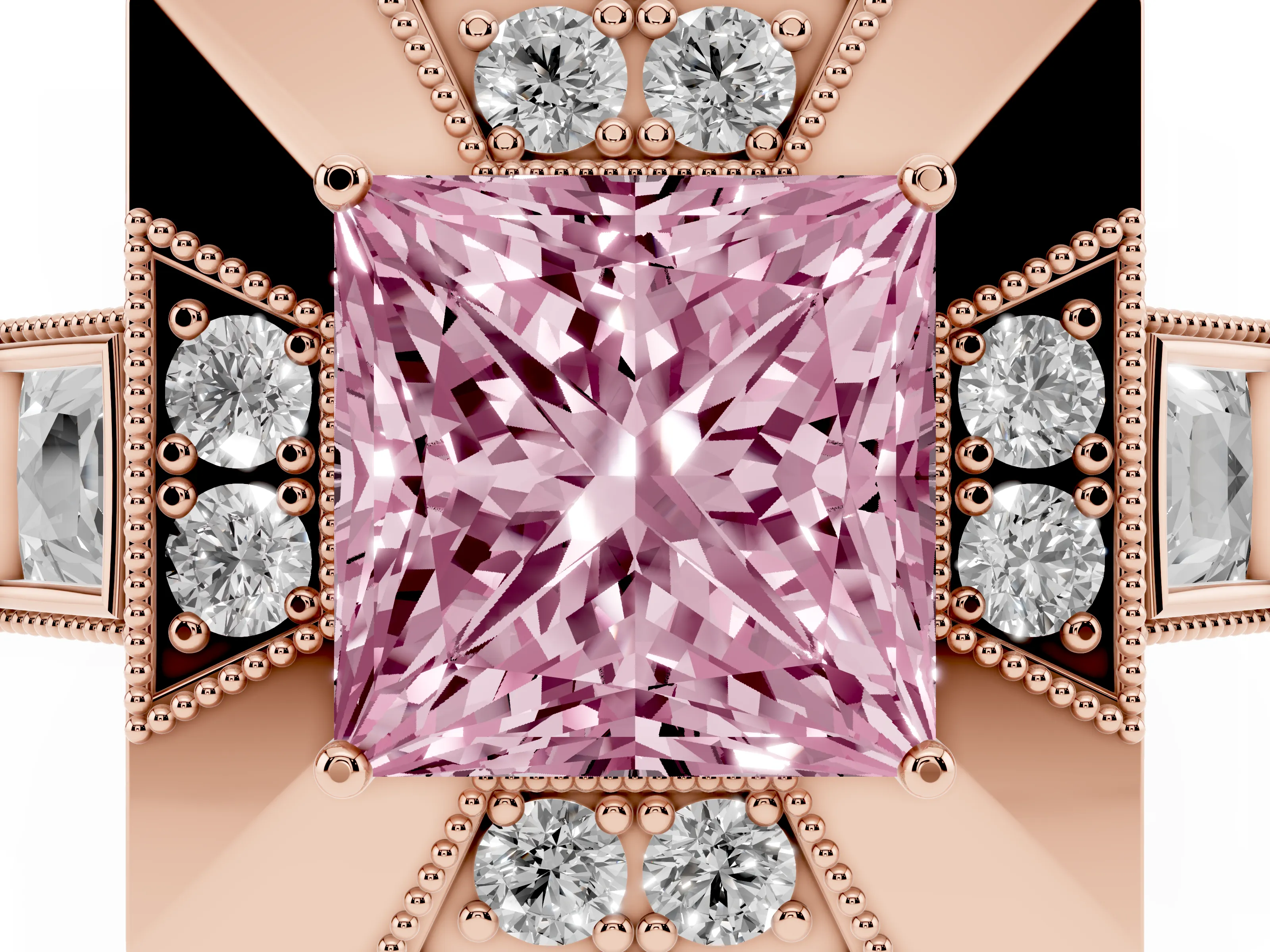 Fancy Pink Princess Cut Diamond Milgrain Halo Ring Set in Rose gold with Split Shank