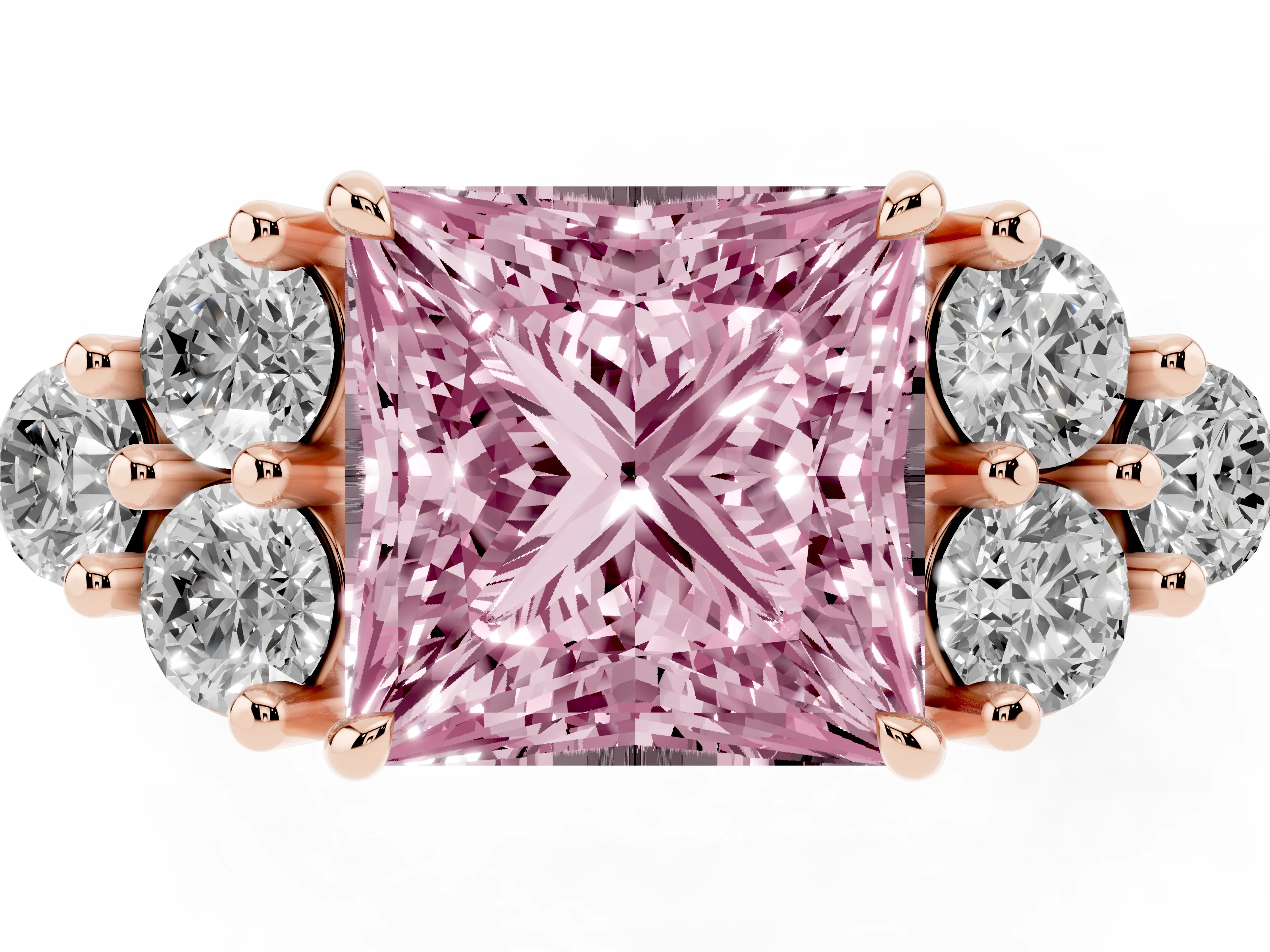 Fancy Pink Princess Cut Diamond Solitaire Ring Set in Rose gold with Cluster Accents on Each Side