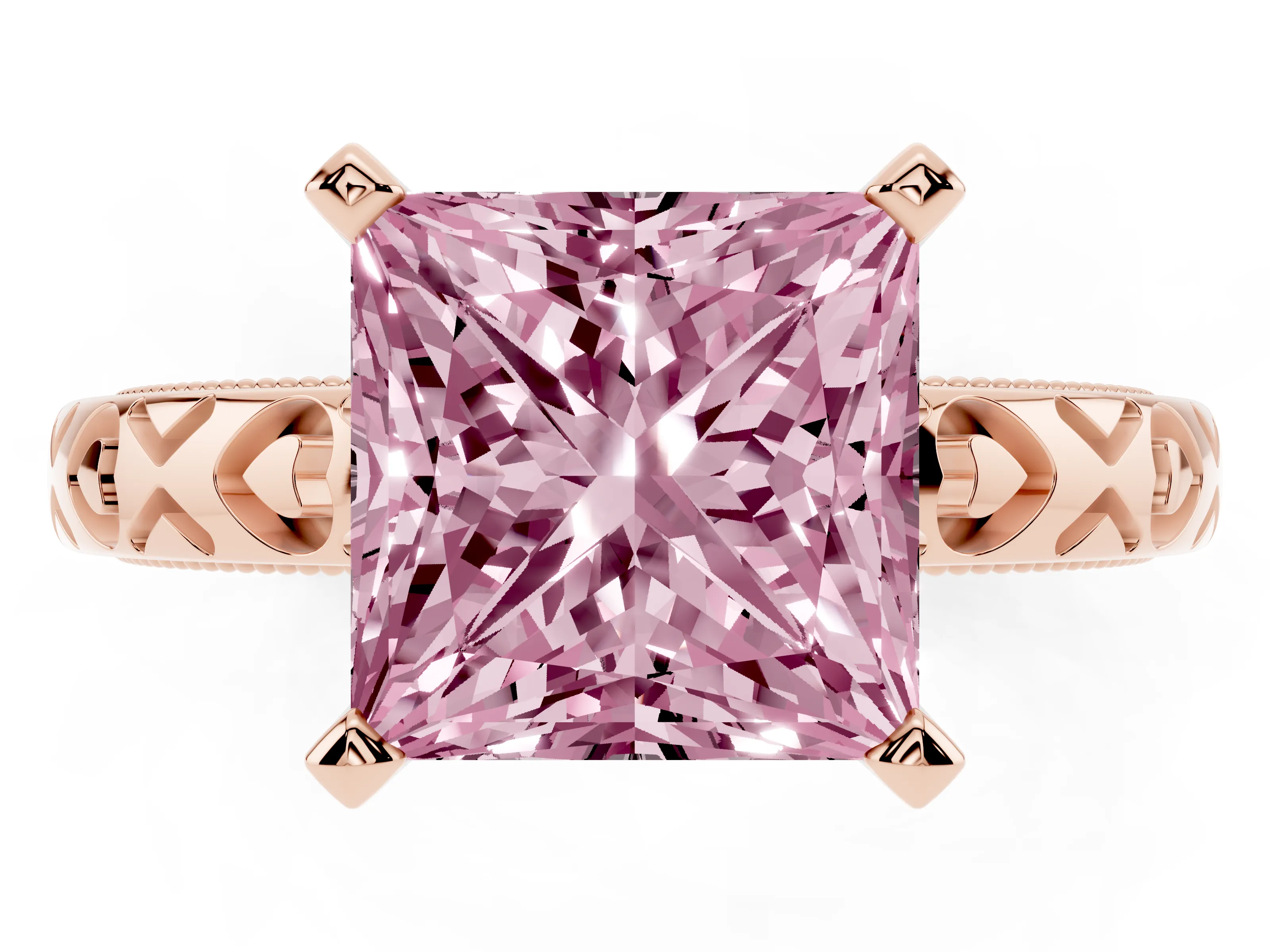 Fancy Pink Princess Cut Diamond Solitaire Engagement Ring Set in Rose gold with XO Engraved Band and Prong Setting