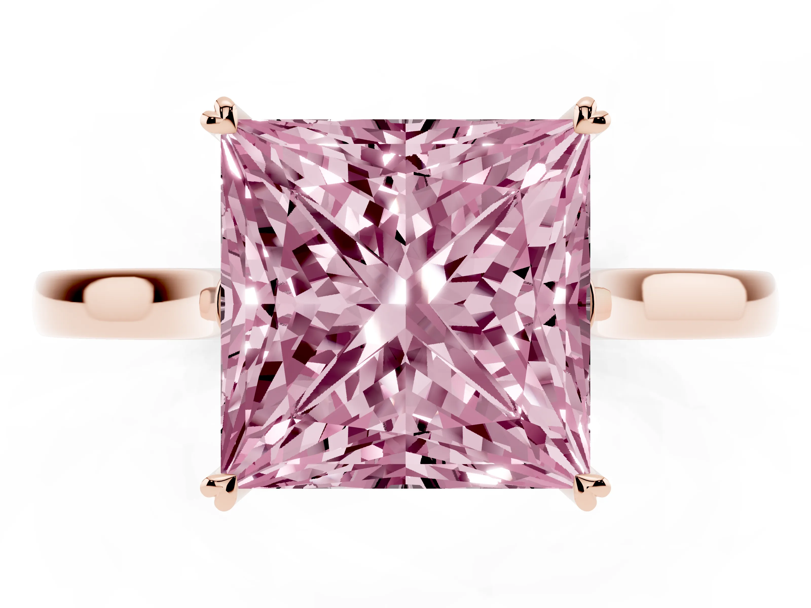 Fancy Pink Princess Cut Diamond Solitaire Heart Prong Engagement Ring Set in Rose gold with Tapered Band