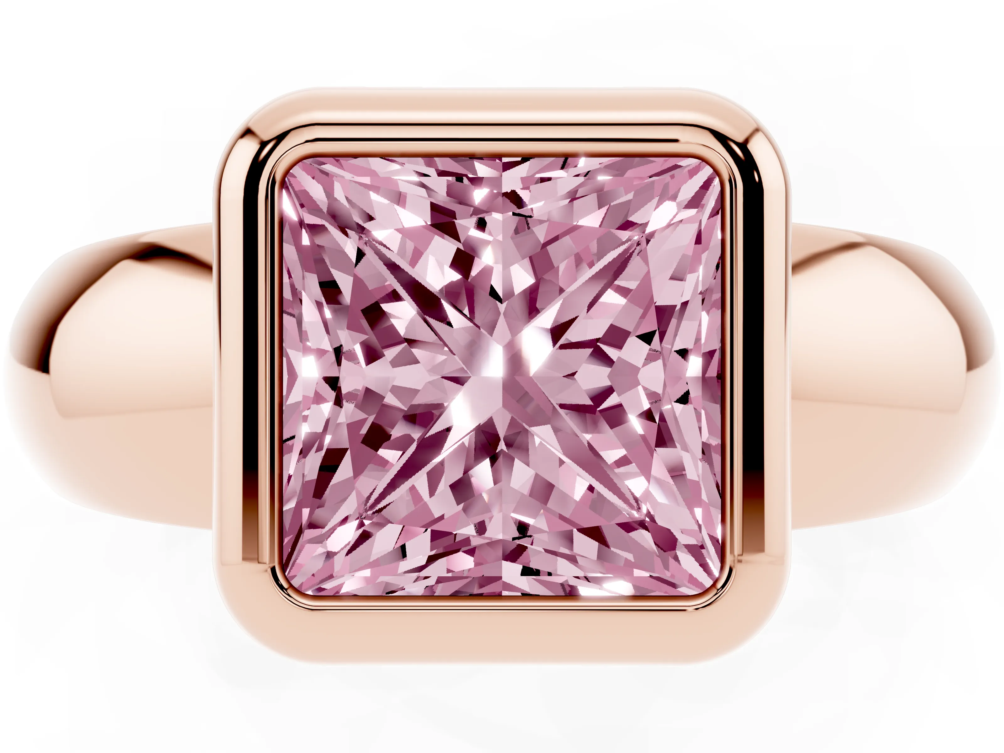 Fancy Pink Bezel Set Princess Cut Diamond Solitaire Ring Set in Rose gold with Wide Band