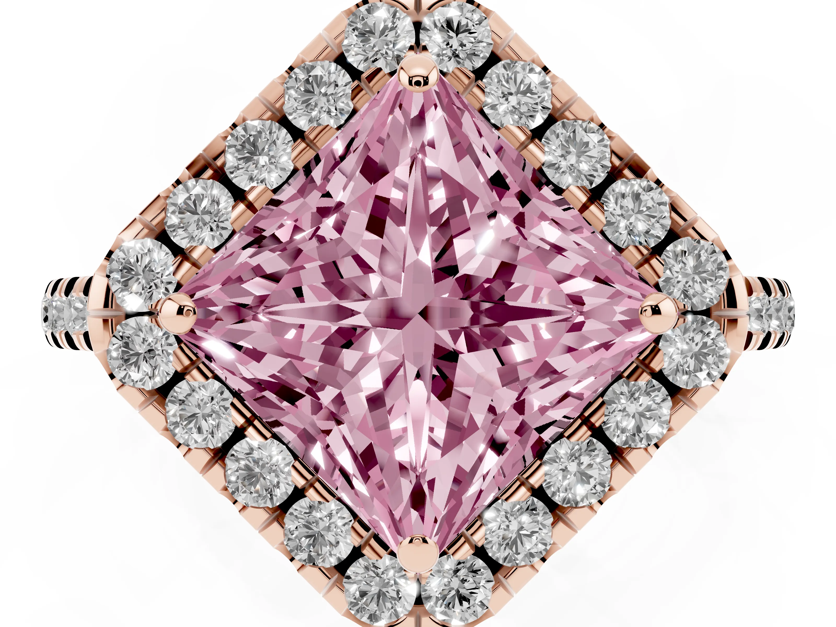 Fancy Pink Princess Cut Diamond Cushion Halo Ring Set in Rose gold with Pavé Band