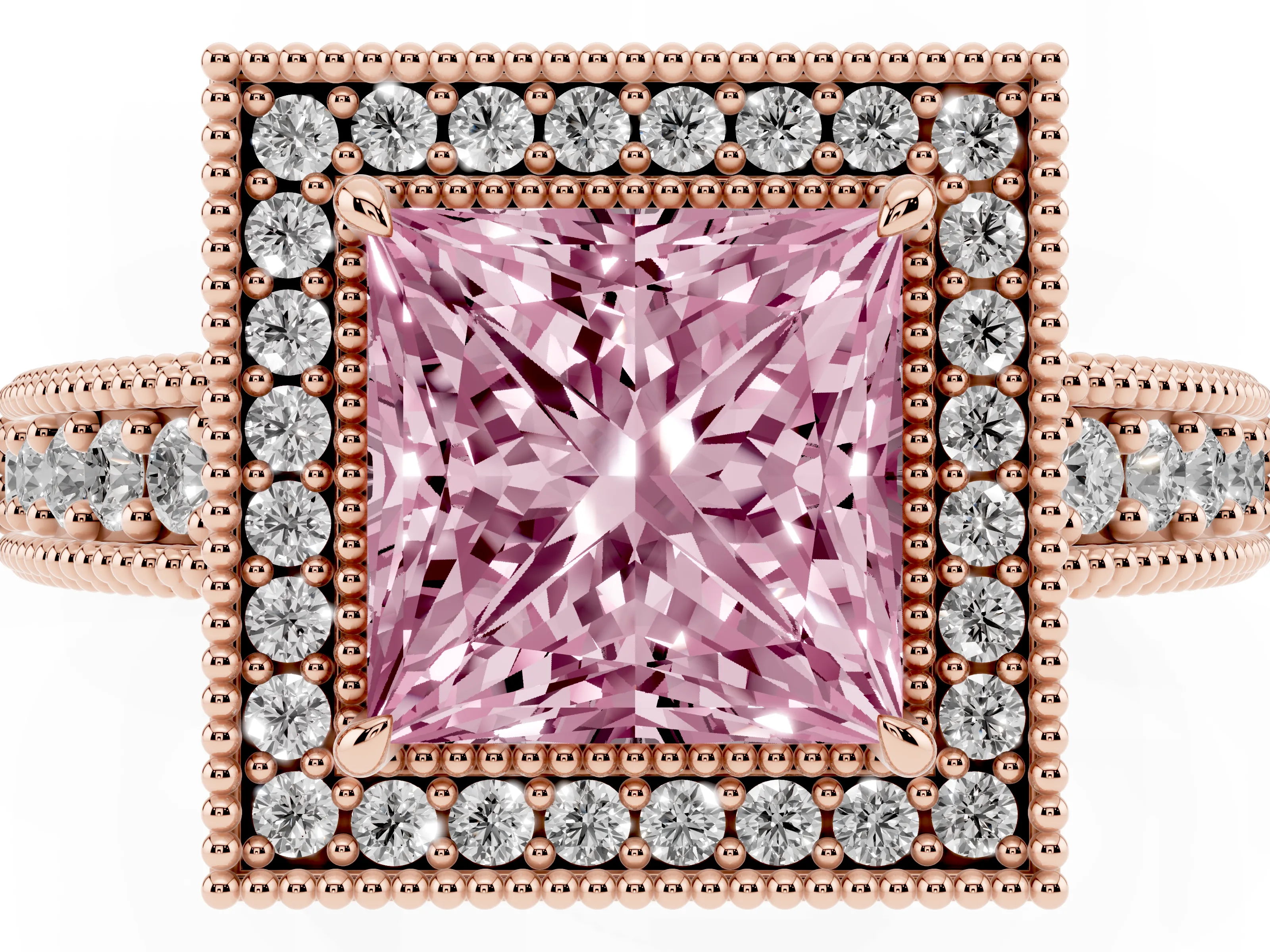Fancy Pink Princess Cut Diamond Halo Ring Set in Rose gold with Round Accent Halo, Pavé Band and Prong Setting