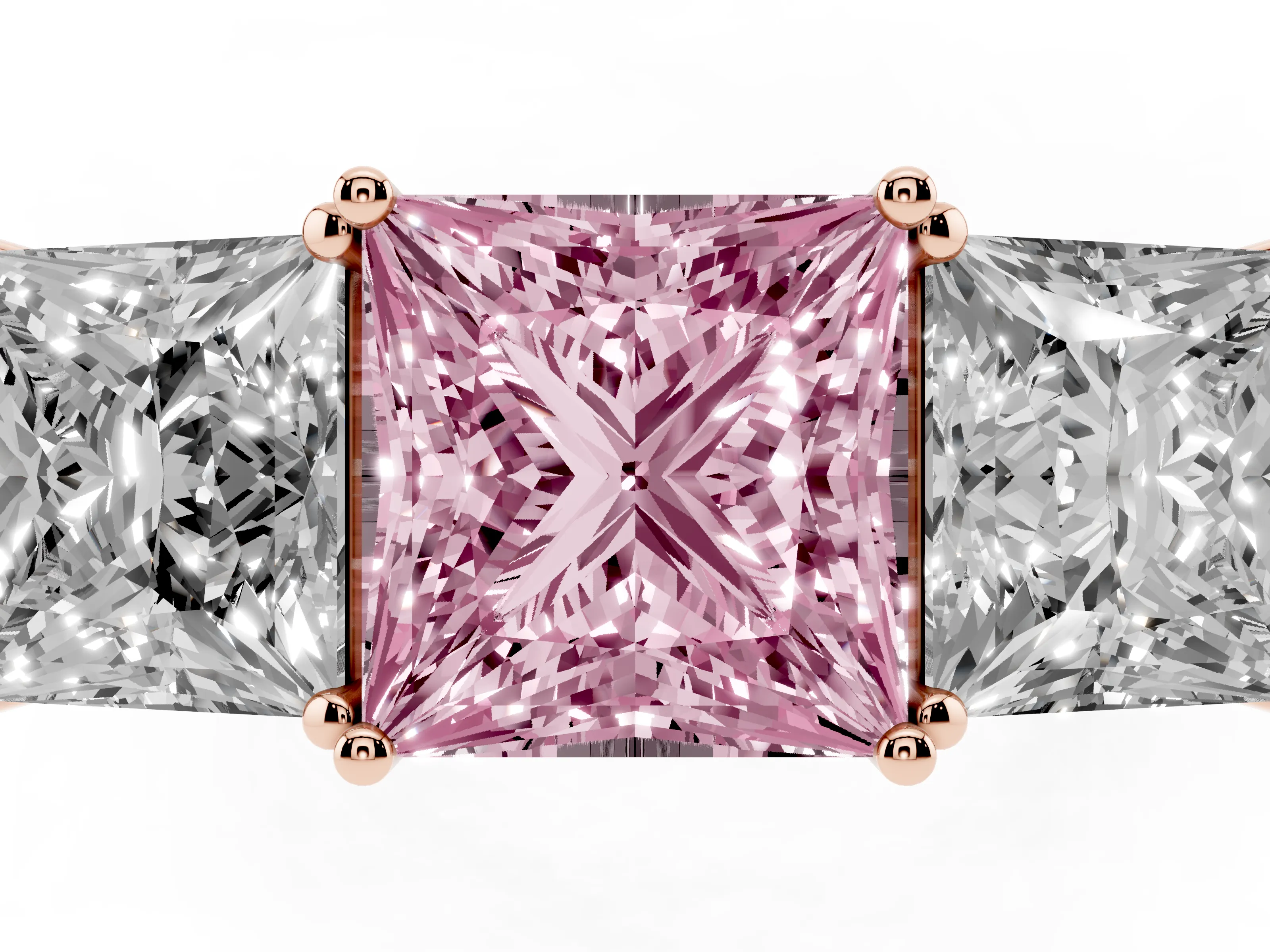 Fancy Pink Princess Cut Diamond Three-Stone Ring Set in Rose gold with Textured Band