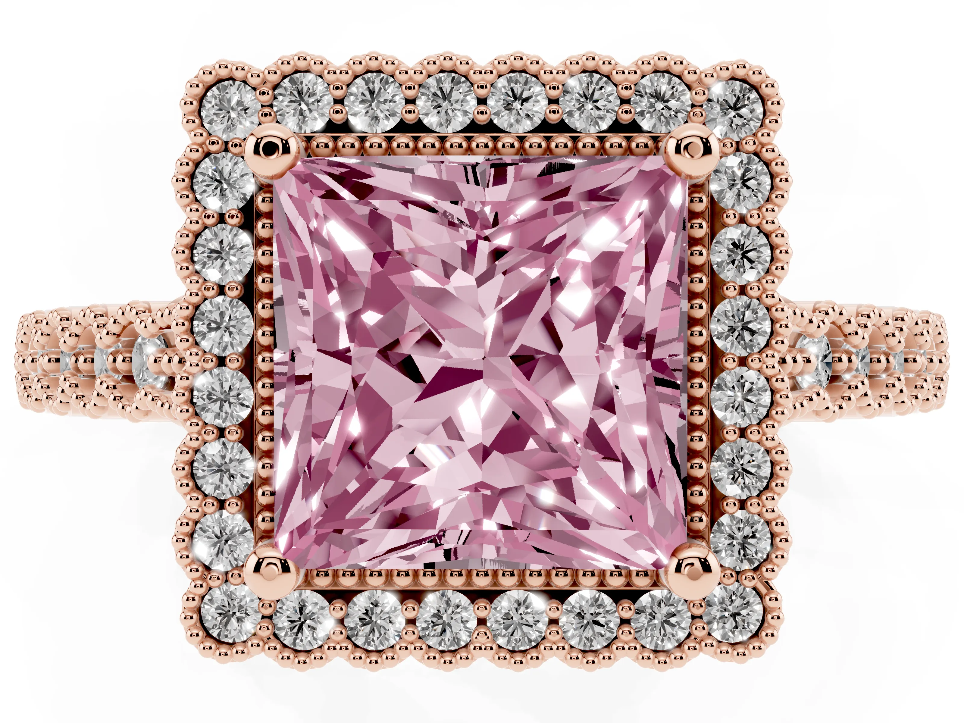 Fancy Pink Princess Cut Diamond Halo Ring Set in Rose gold with Pavé Milgrain Band