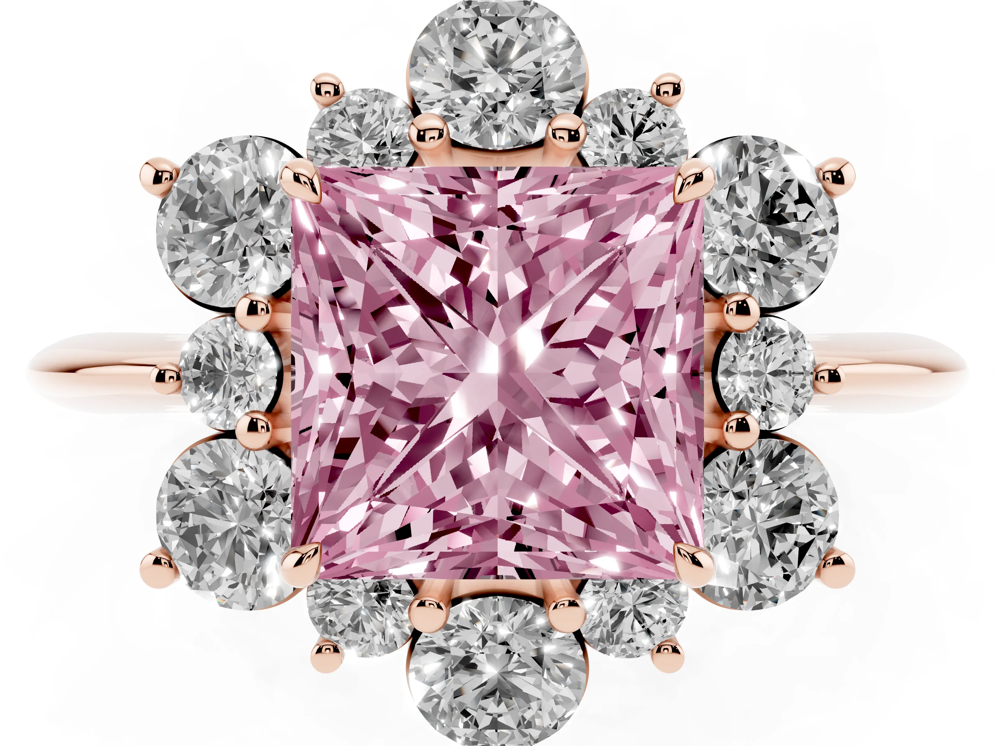 Fancy Pink Princess Cut Diamond Cluster Halo Ring Set in Rose gold with Solitaire Band and Prong Setting