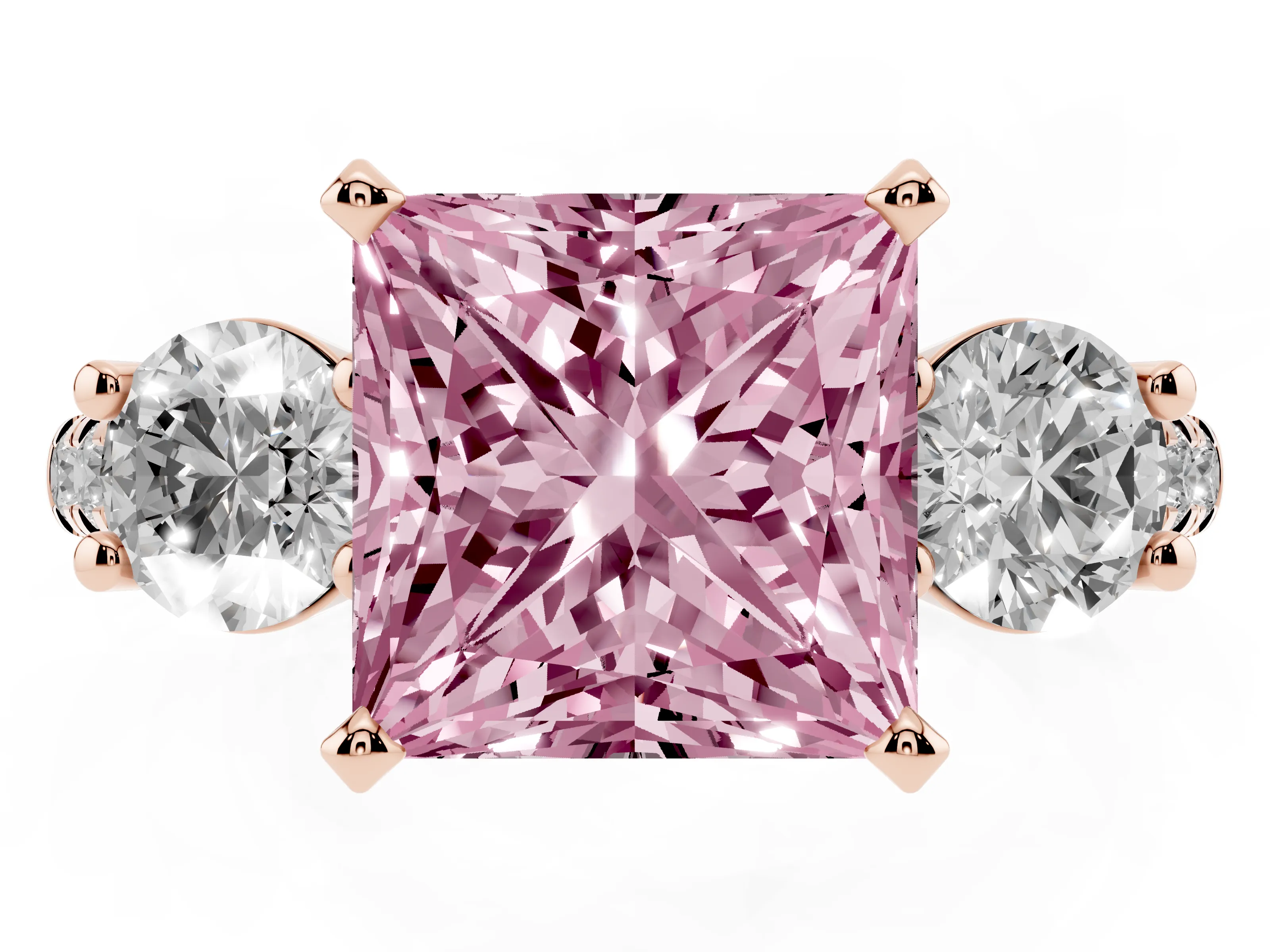 Fancy Pink Three-Stone Princess Cut Diamond Pavé Band Ring Set in Rose gold with Prong-Set Trio