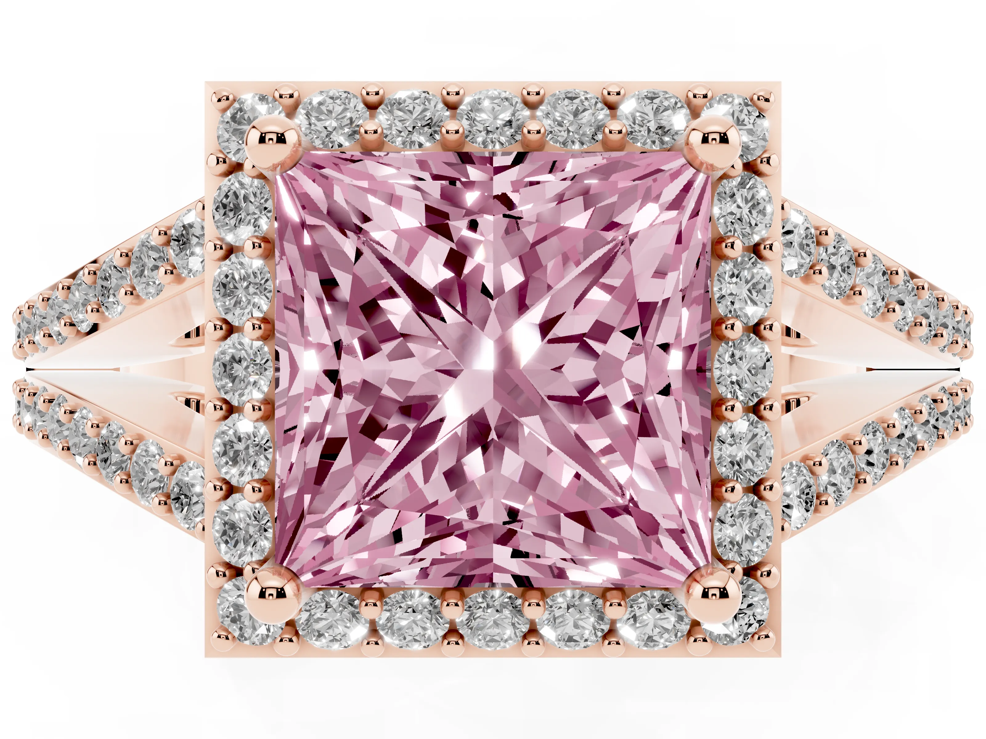 Fancy Pink Princess Cut Diamond Halo Split Shank Pavé Ring Set in Rose gold with Prong Setting