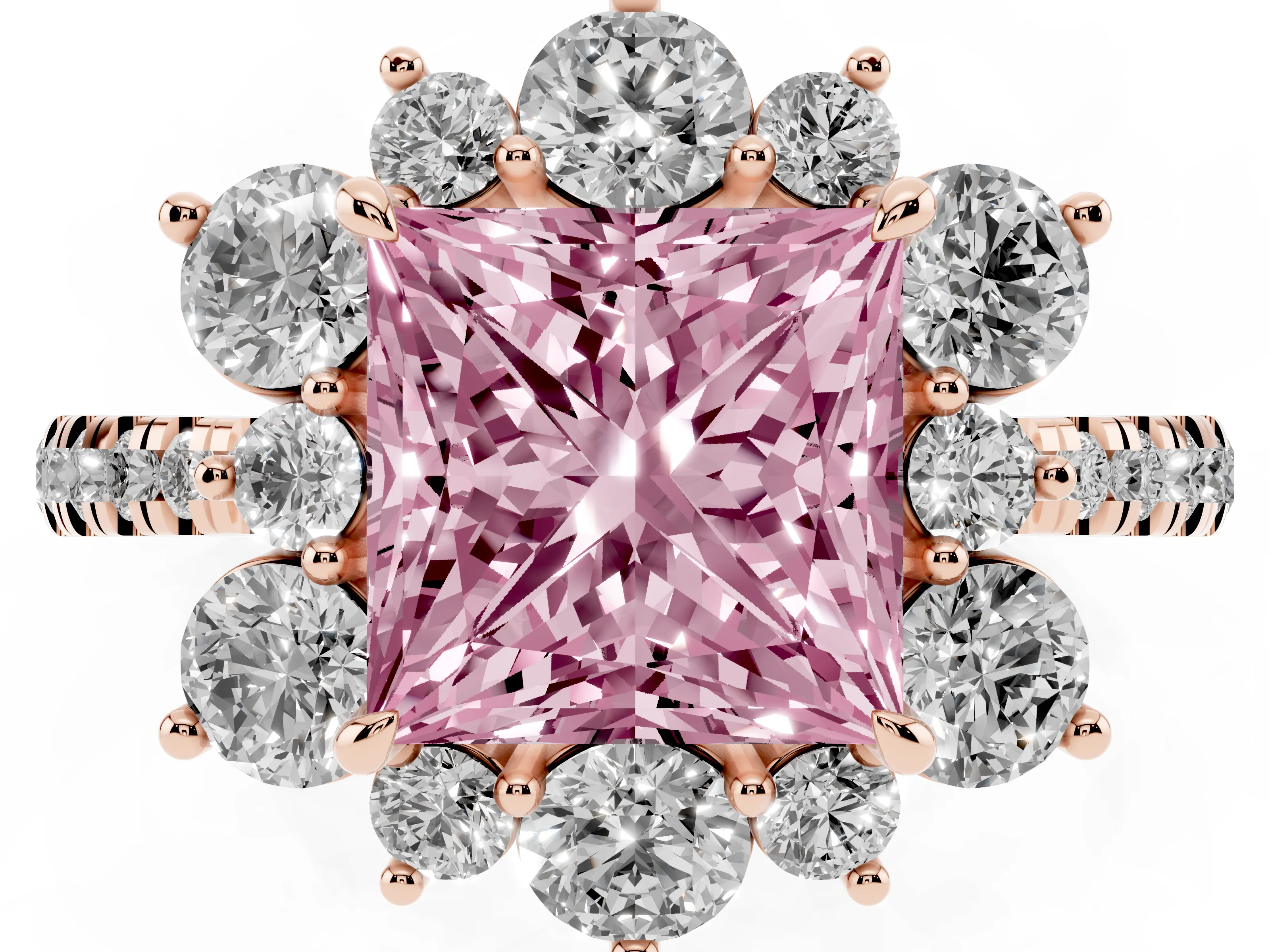 Fancy Pink Princess Cut Diamond Floral Halo Ring Set in Rose gold with Round Pavé Band and Prong Setting
