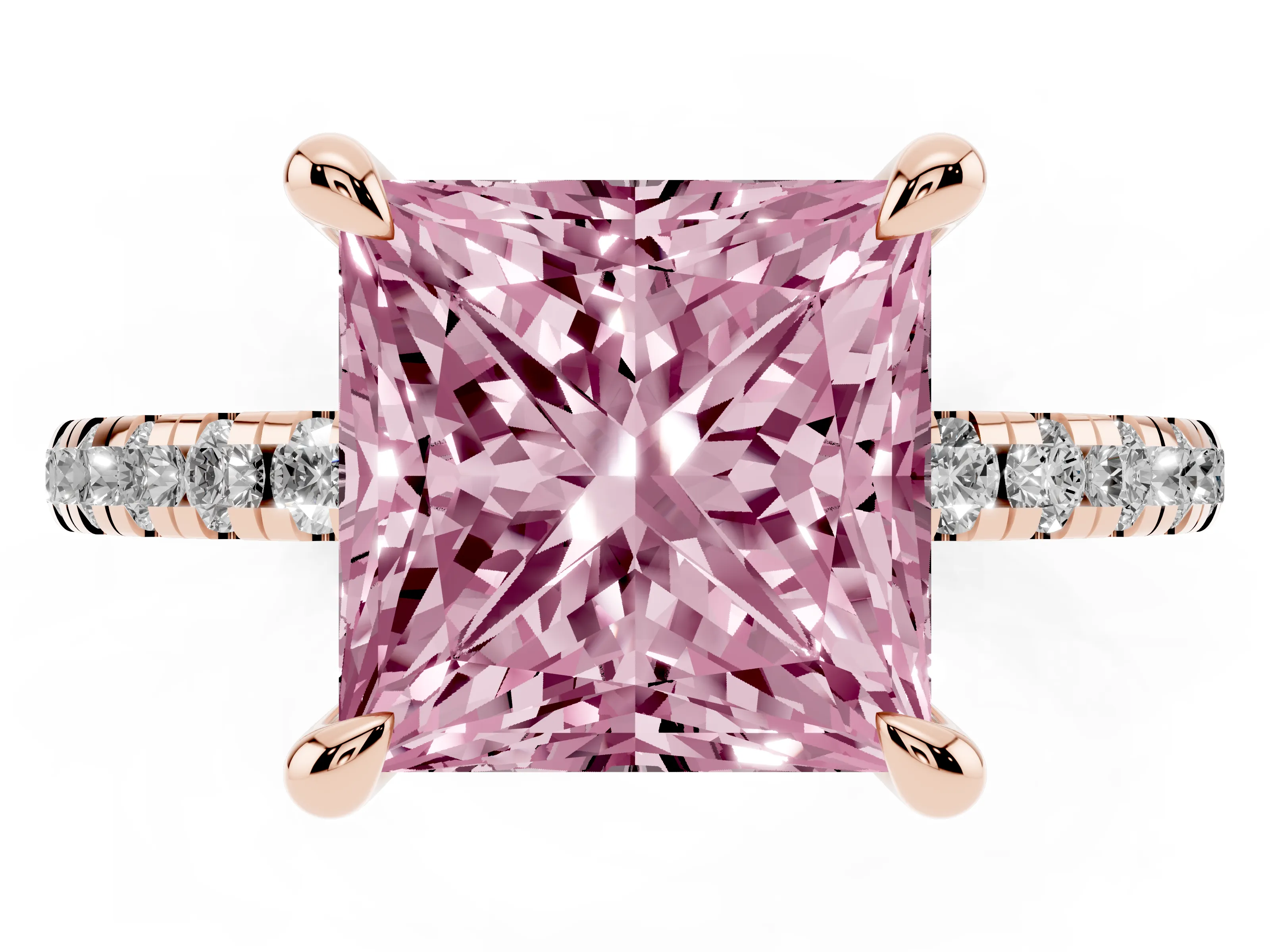 Fancy Pink Princess Cut Diamond Brilliant Solitaire Ring Set in Rose gold with Pavé Band and Prong Setting