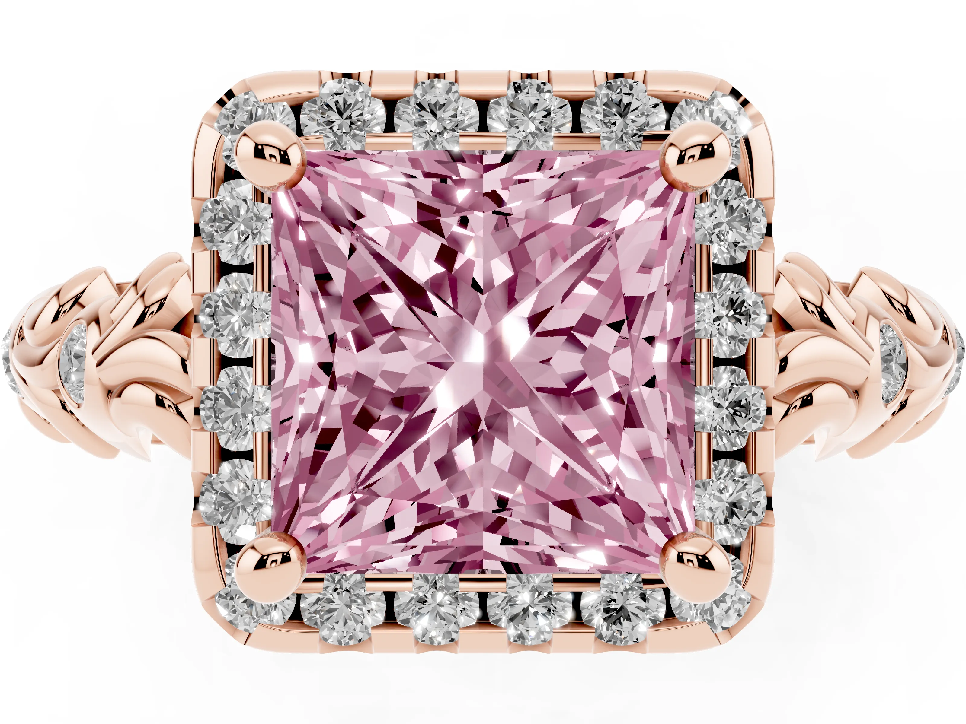Fancy Pink Princess Cut Diamond Halo Ring Set in Rose gold with Filigree Leaf Band and Prong Setting