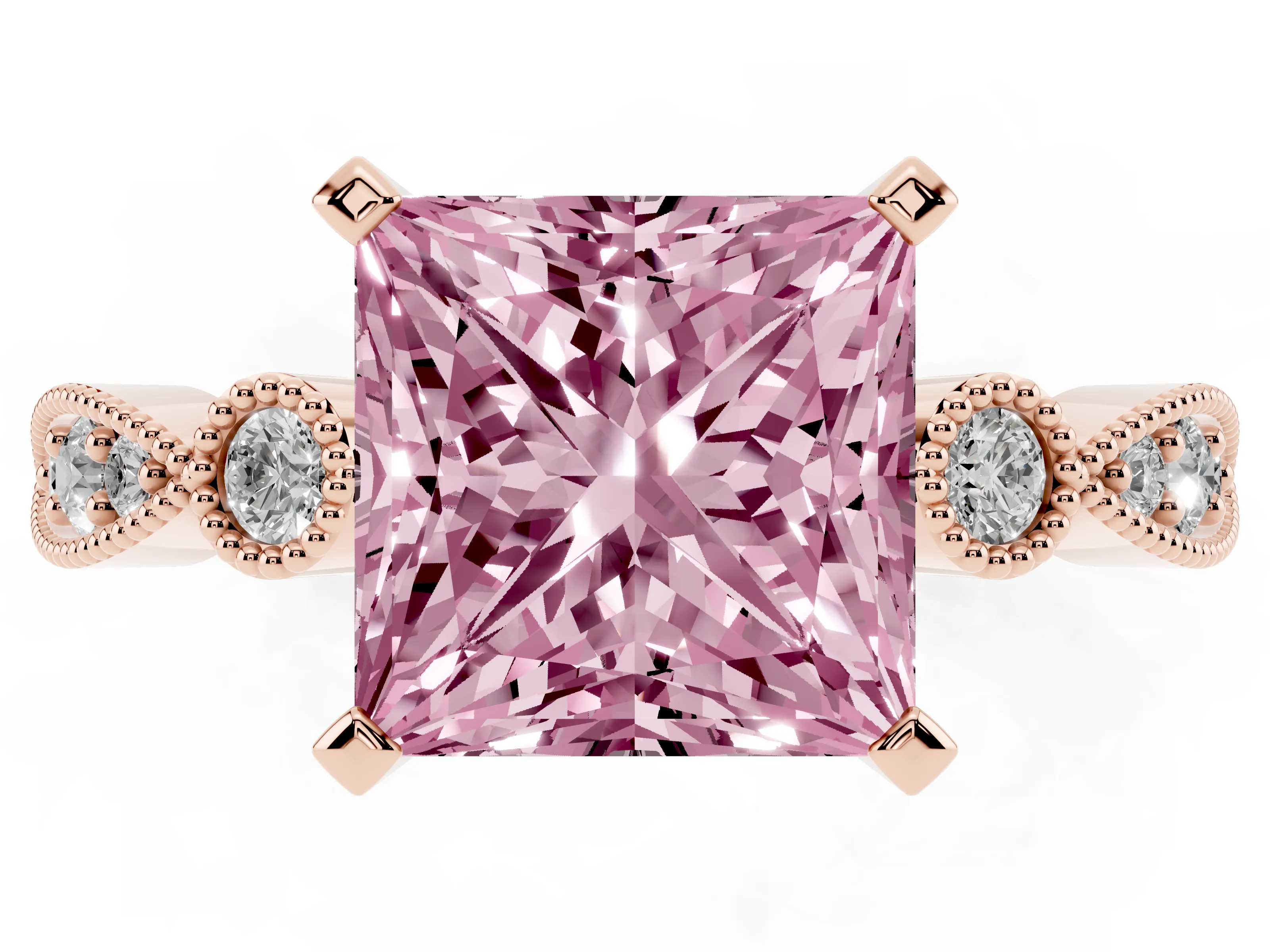 Fancy Pink Princess Cut Diamond Solitaire Engagement Ring Set in Rose gold with Milgrain Bezel Accent Band