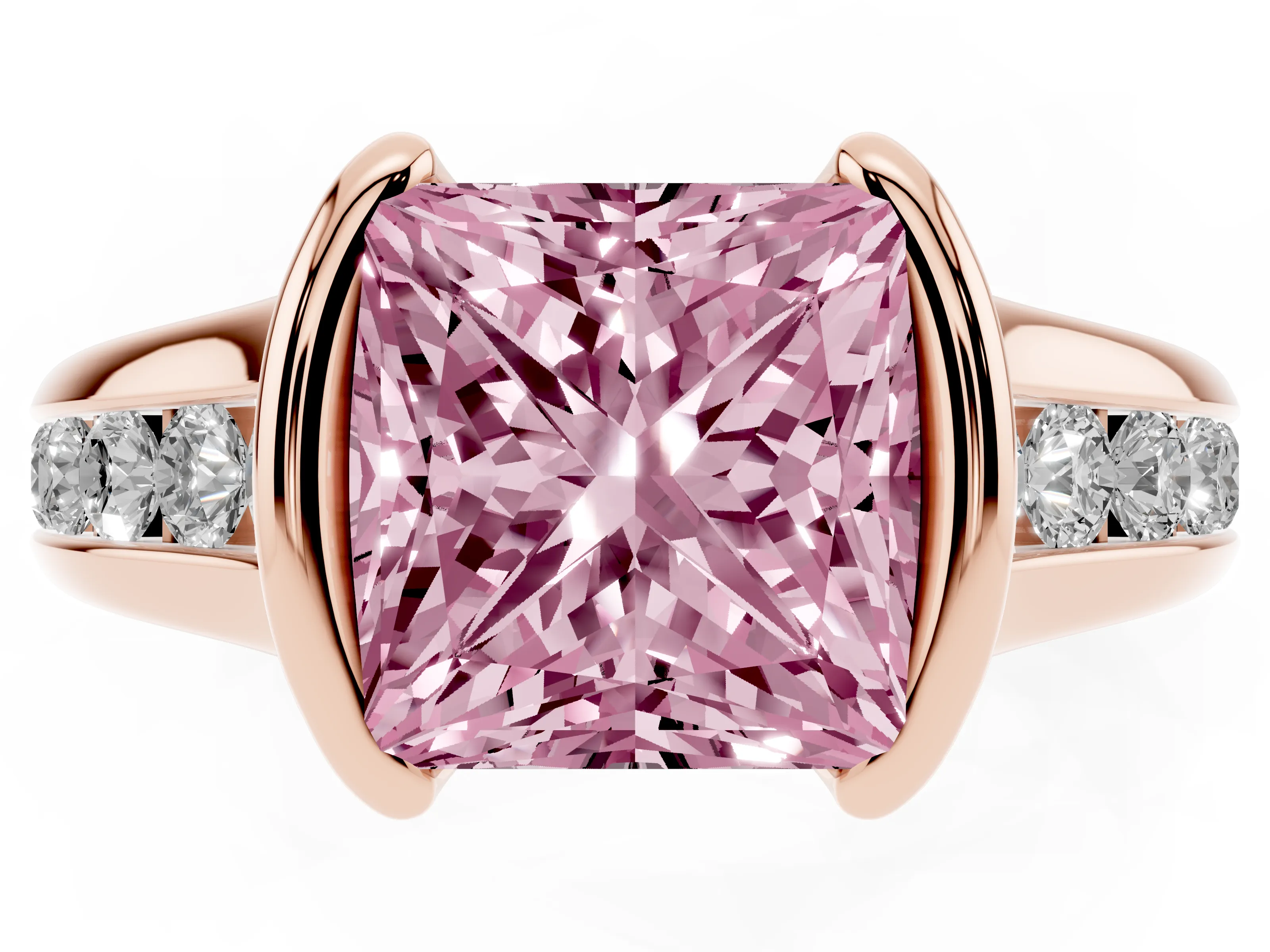 Fancy Pink Princess Cut Diamond Bezel-Set Solitaire Ring Set in Rose gold with Channel-Set Band