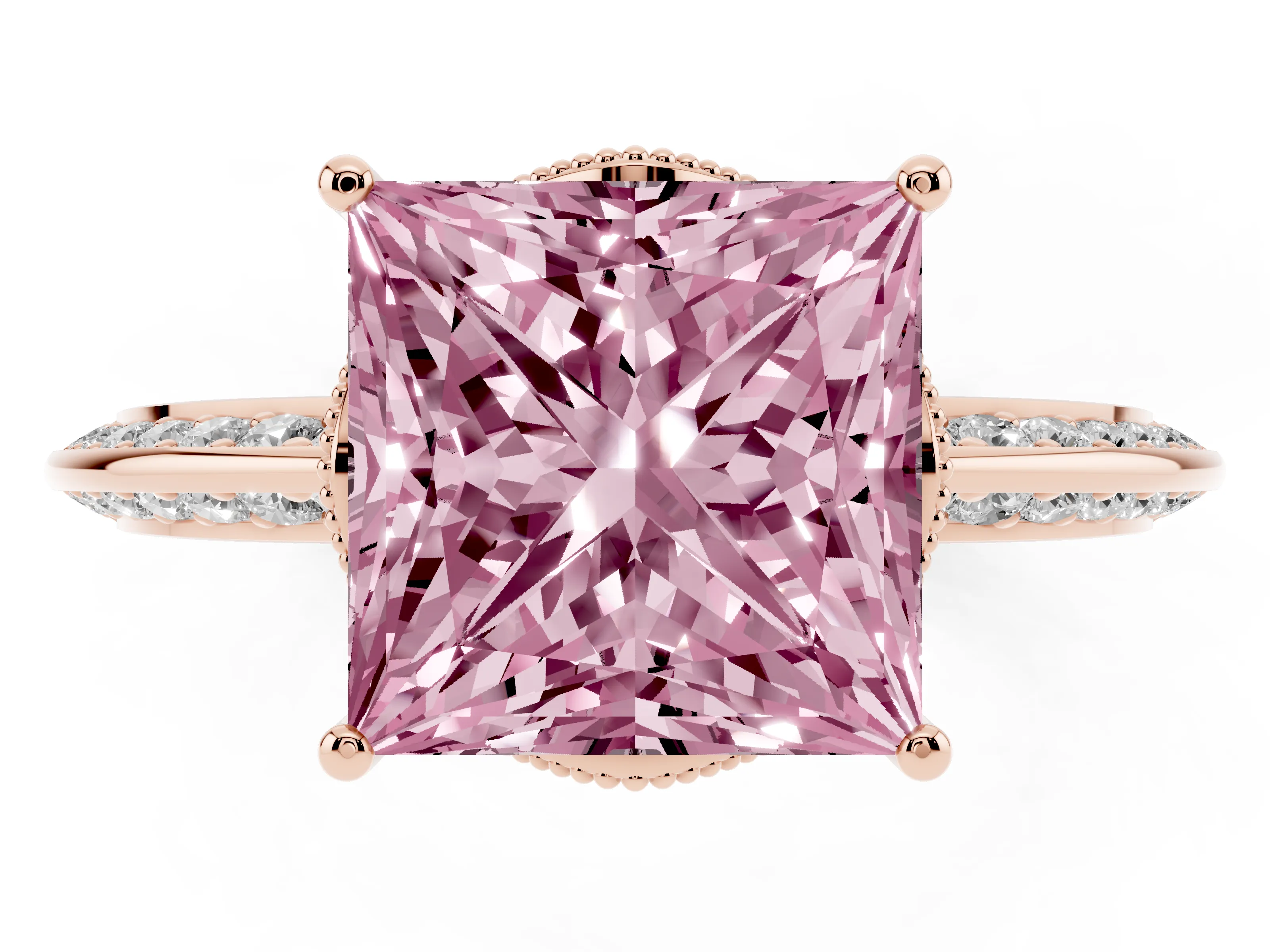 Fancy Pink Princess Cut Diamond Solitaire Engagement Ring Set in Rose gold with Pavé Split Shank and Prong Setting