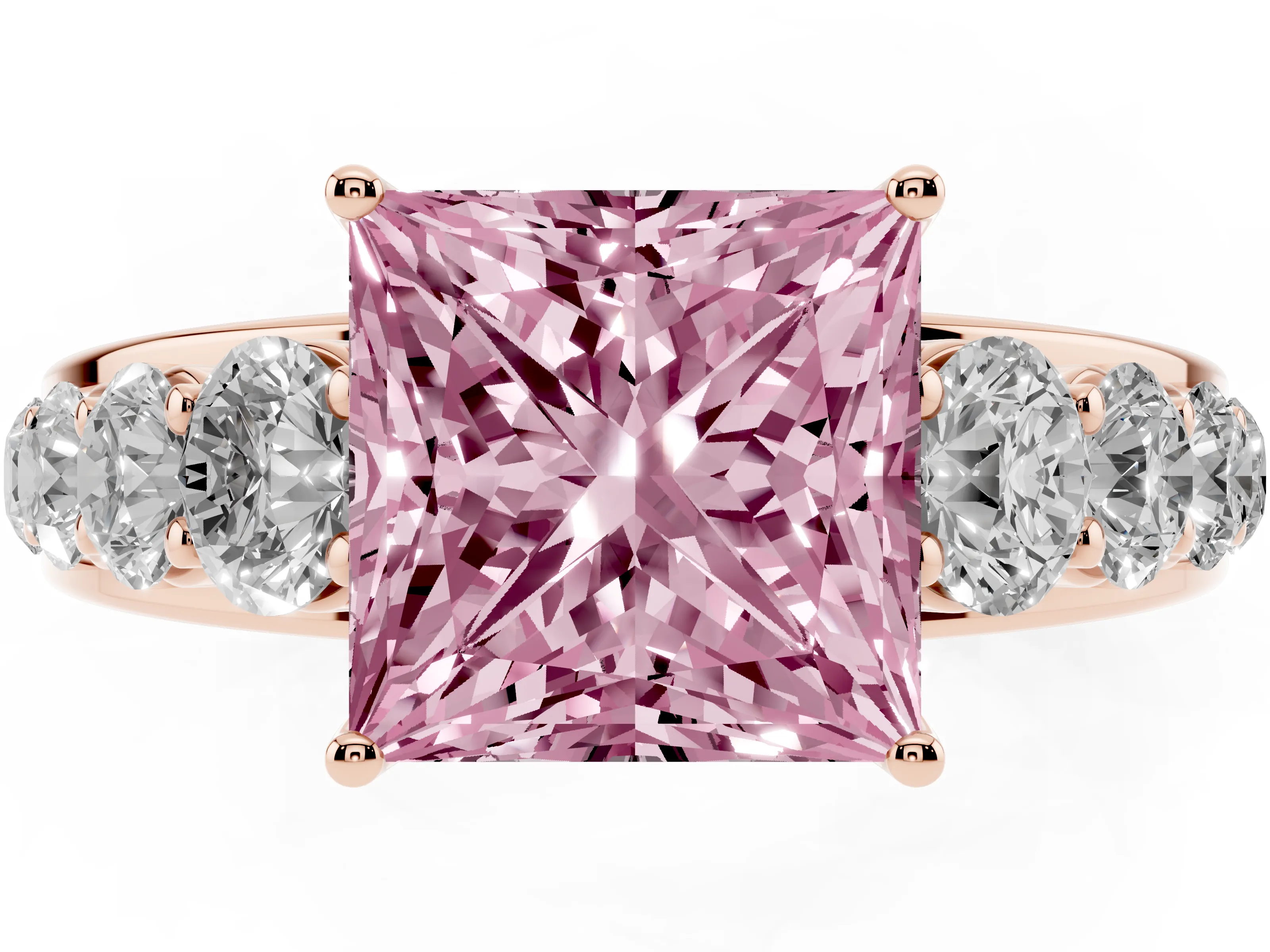 Fancy Pink Princess Cut Diamond Solitaire Ring Set in Rose gold with Pavé-Set Band and Prong Setting