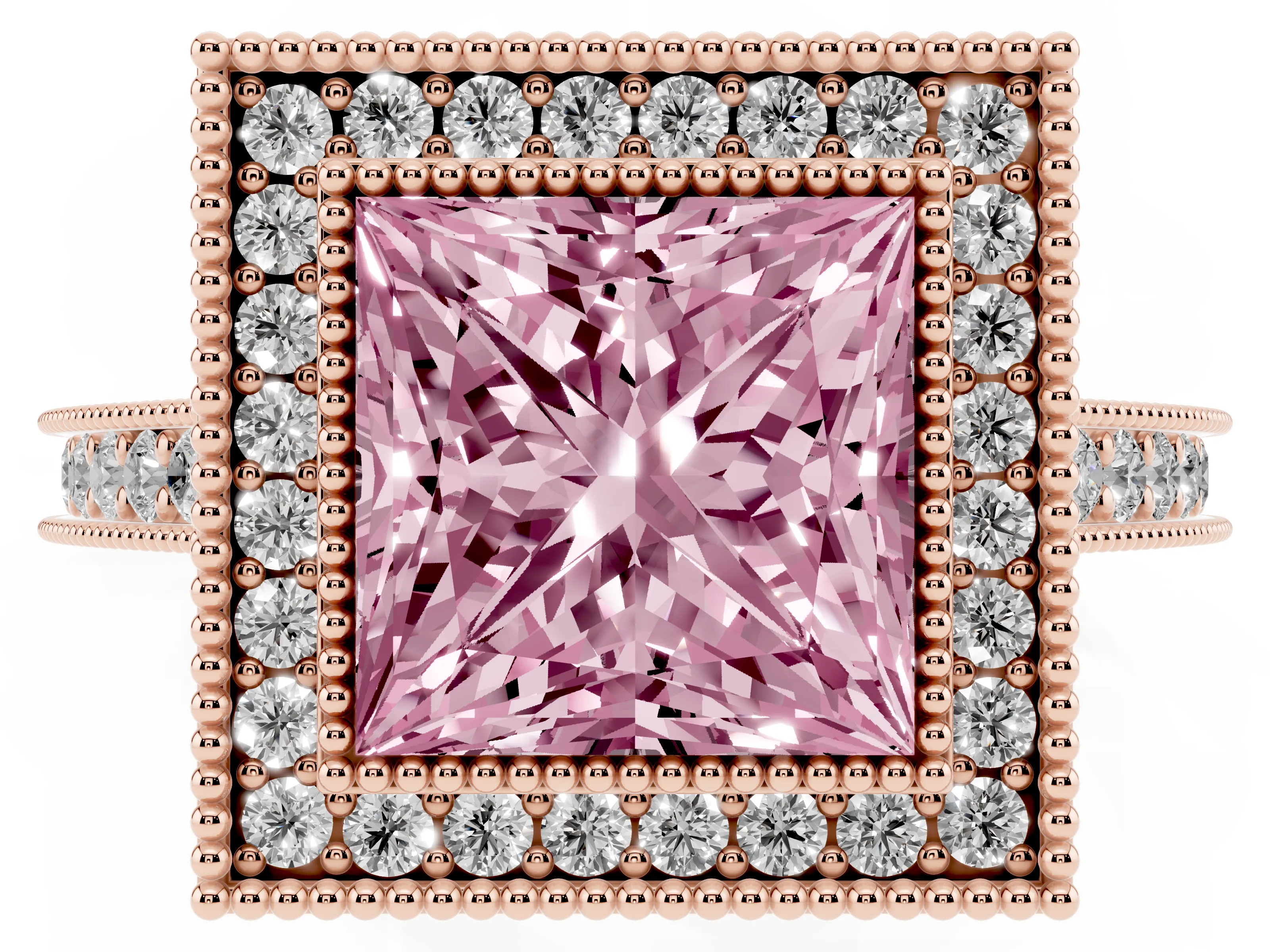 Fancy Pink Princess Cut Diamond Halo Milgrain Pavé Band Ring Set in Rose gold with Prong Setting
