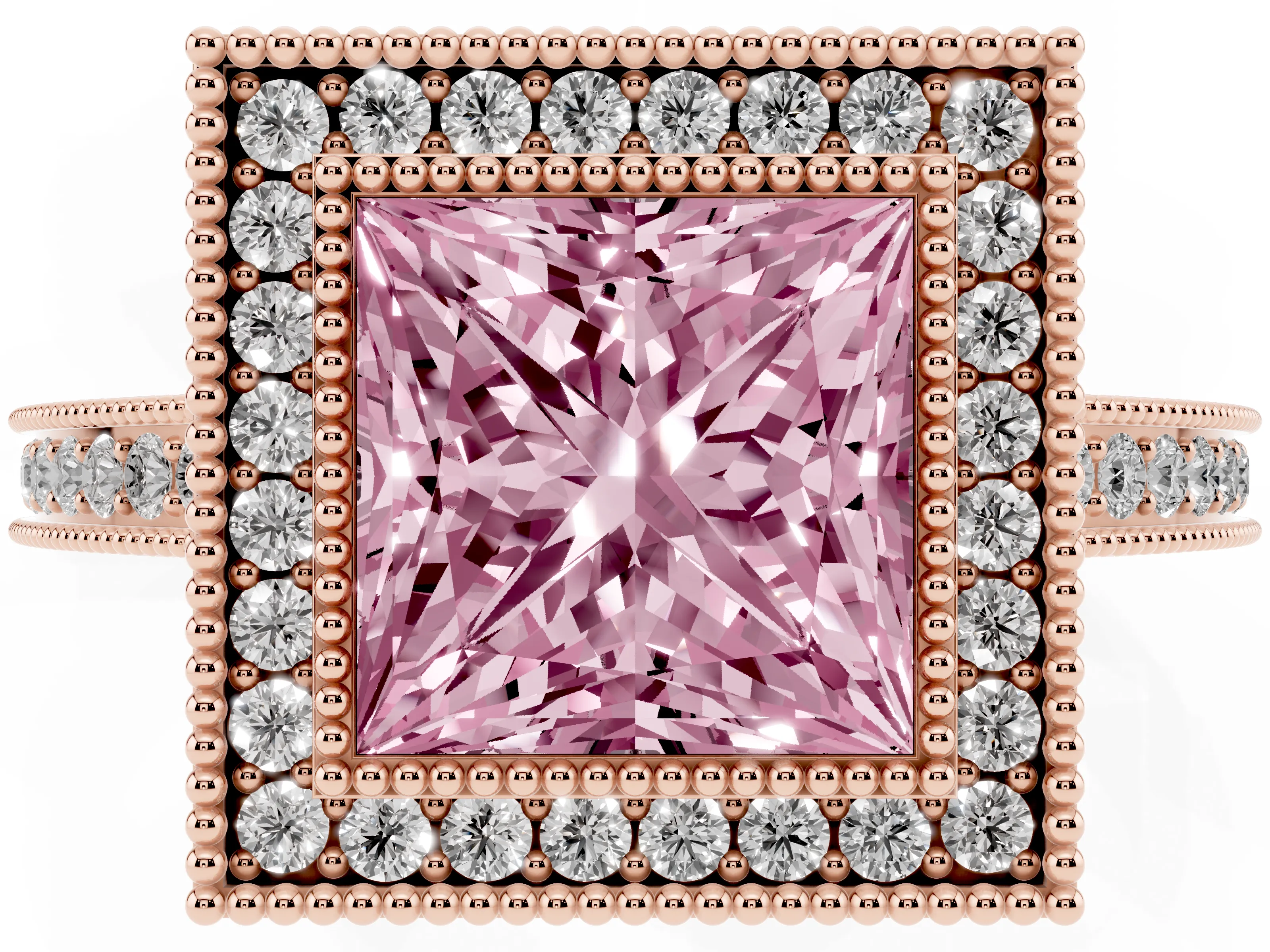 Fancy Pink Princess Cut Diamond Halo Ring Set in Rose gold with Pavé Band and Milgrain-Edged Prongs