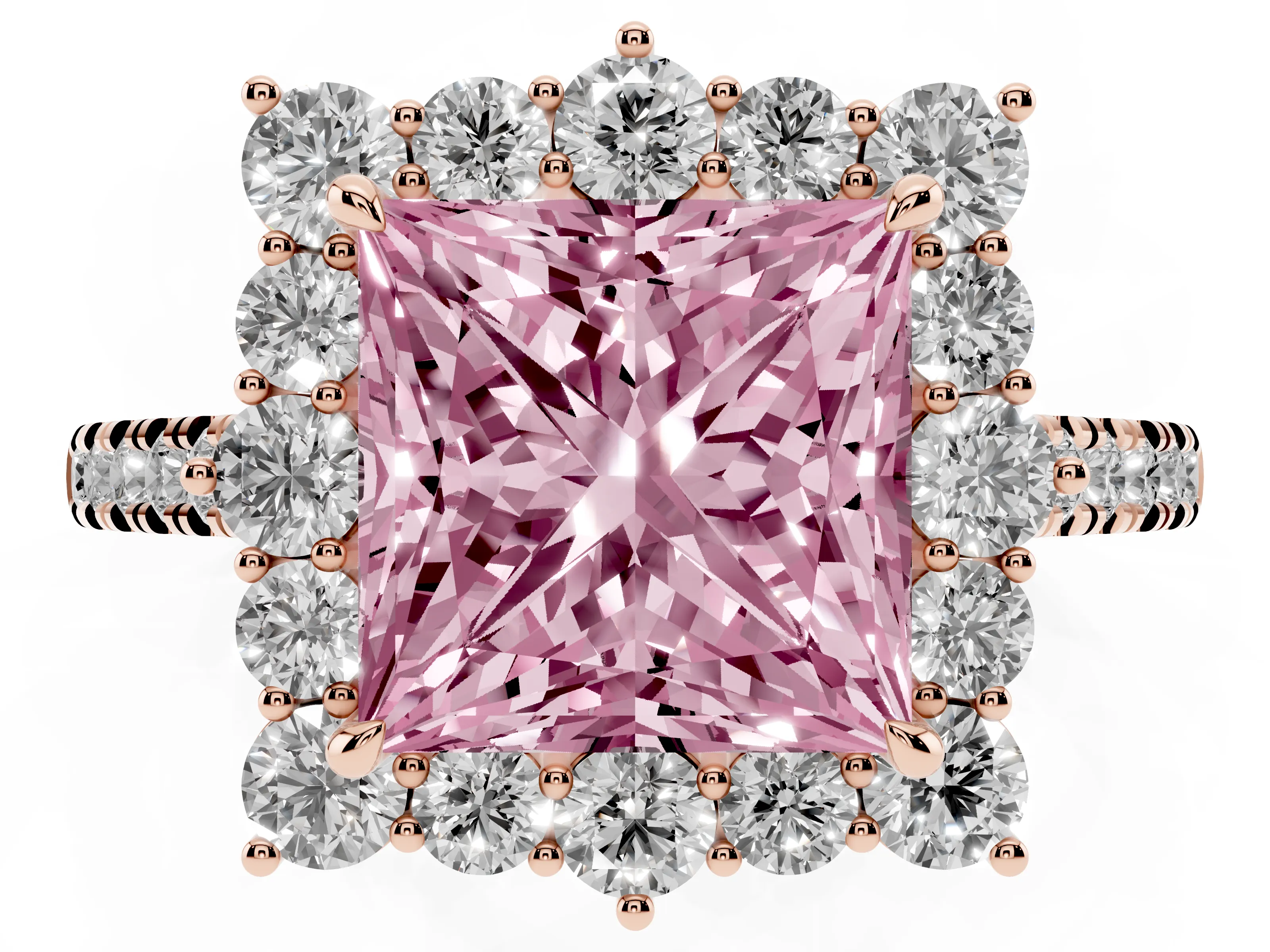 Fancy Pink Princess Cut Diamond Halo Ring Set in Rose gold with Pavé Band and Prong Setting