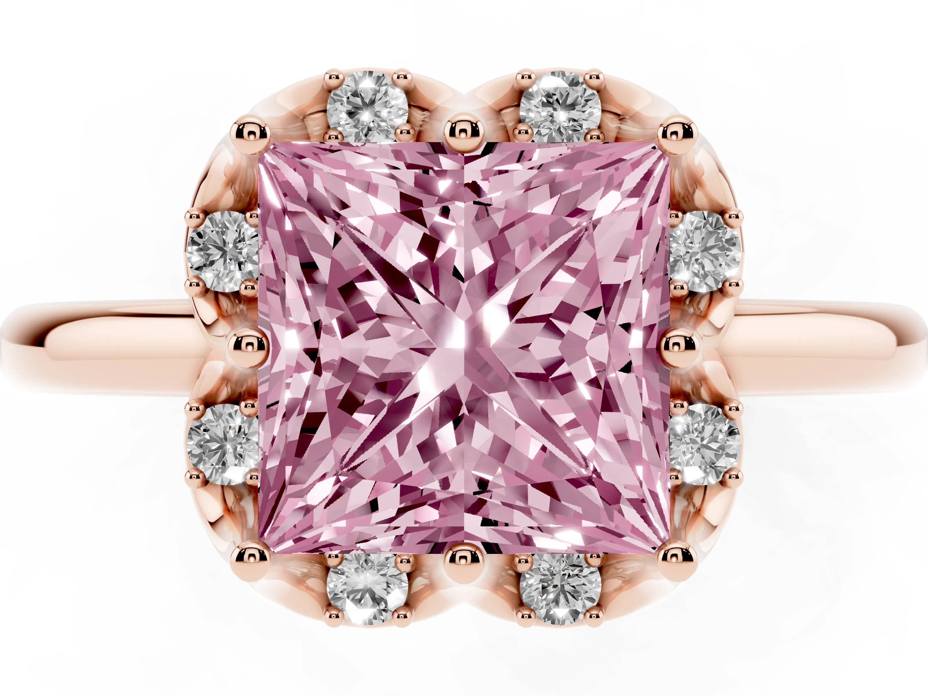 Fancy Pink Princess Cut Diamond Round Cluster Halo Ring Set in Rose gold with Solitaire Band and Prong Setting