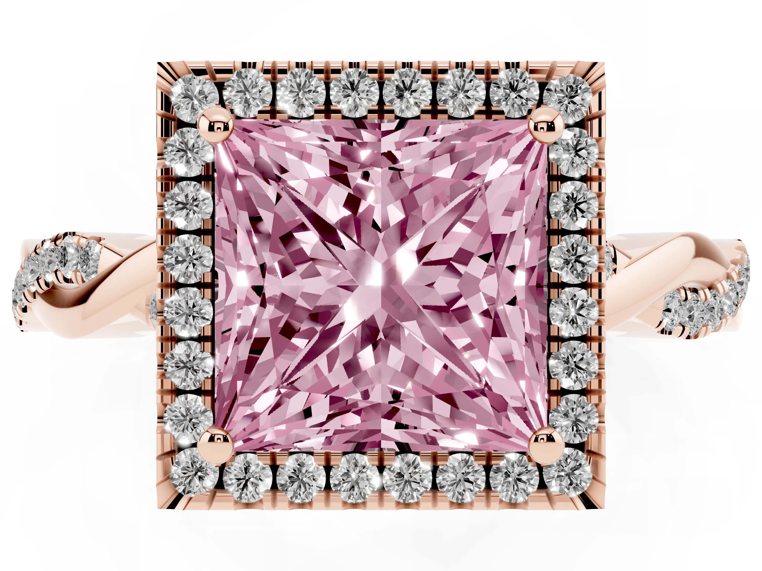 Fancy Pink Princess Cut Diamond Halo Twisted Band Ring Set in Rose gold with Prong Setting