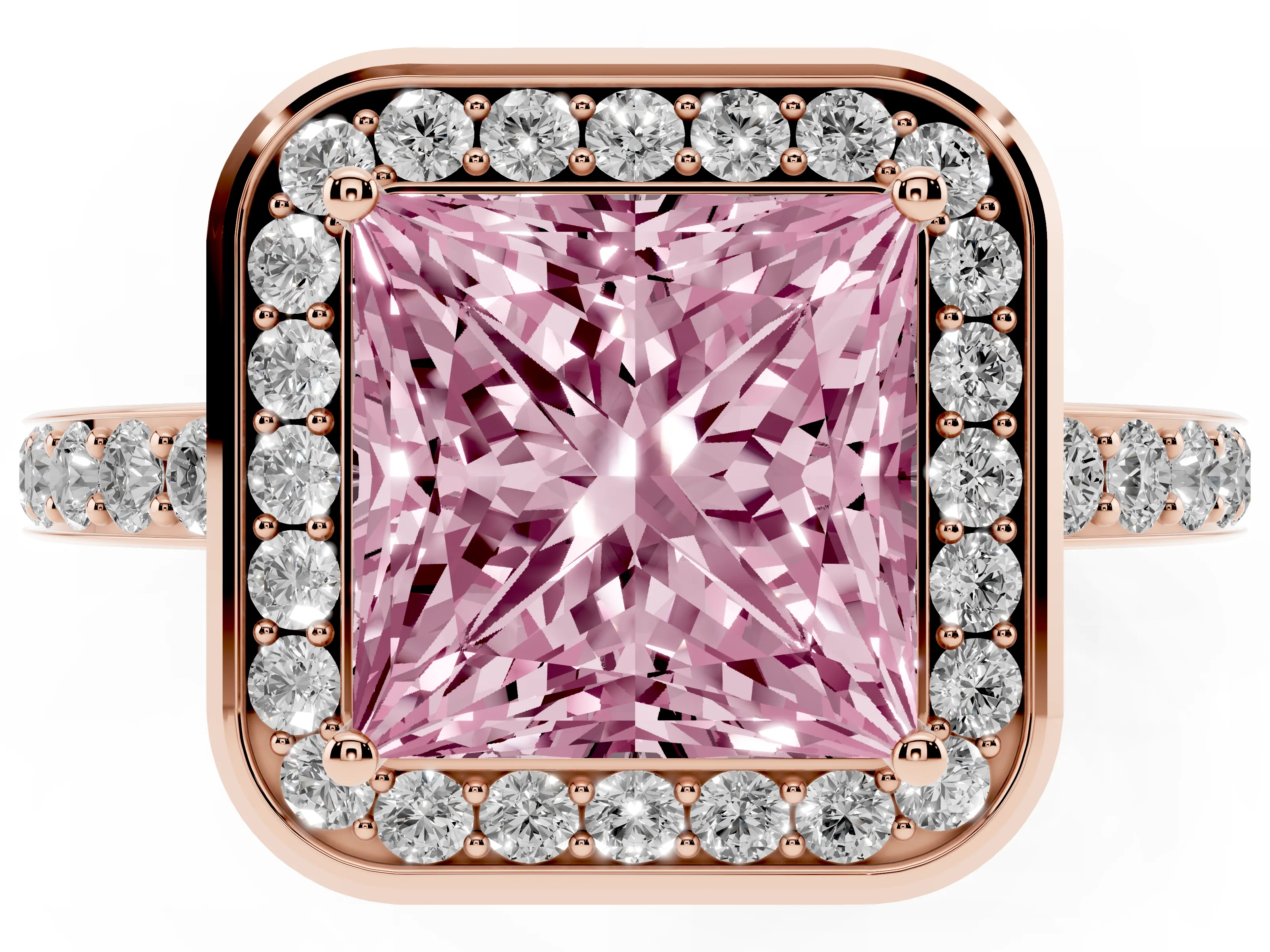 Fancy Pink Princess Cut Diamond Halo Ring Set in Rose gold with Bezel Frame and Pavé Band