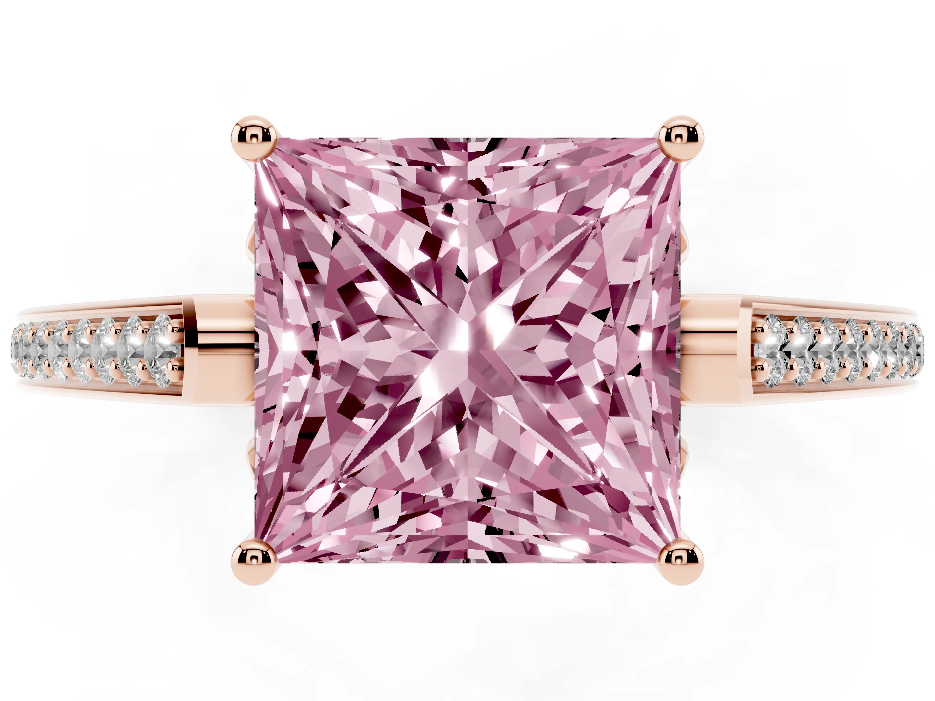 Fancy Pink Princess Cut Diamond Cathedral Pavé Engagement Ring Set in Rose gold with Prong Setting