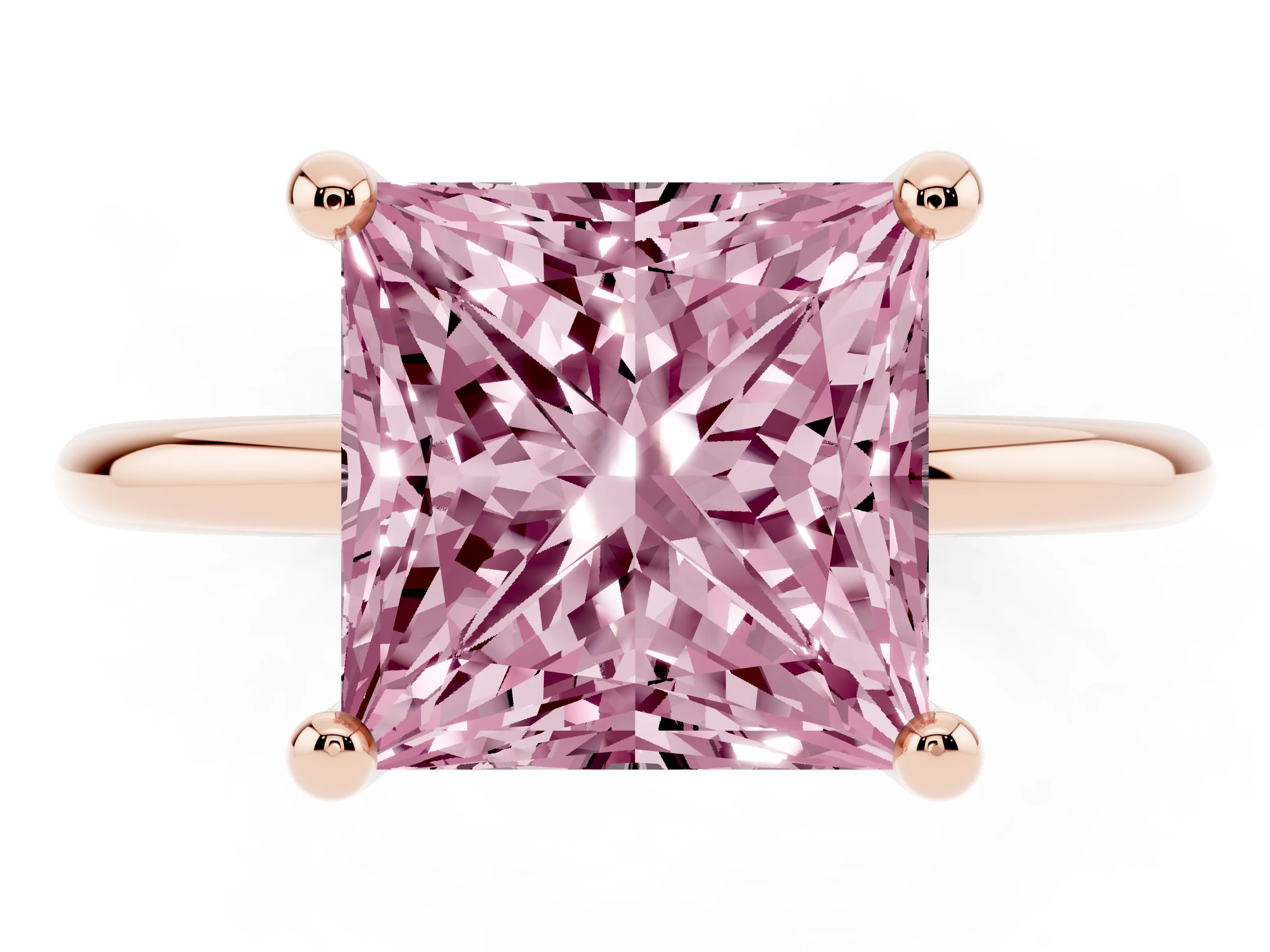 Fancy Pink Princess Cut Diamond Solitaire Ring Set in Rose gold with Secure Prong Setting on a Classic Band