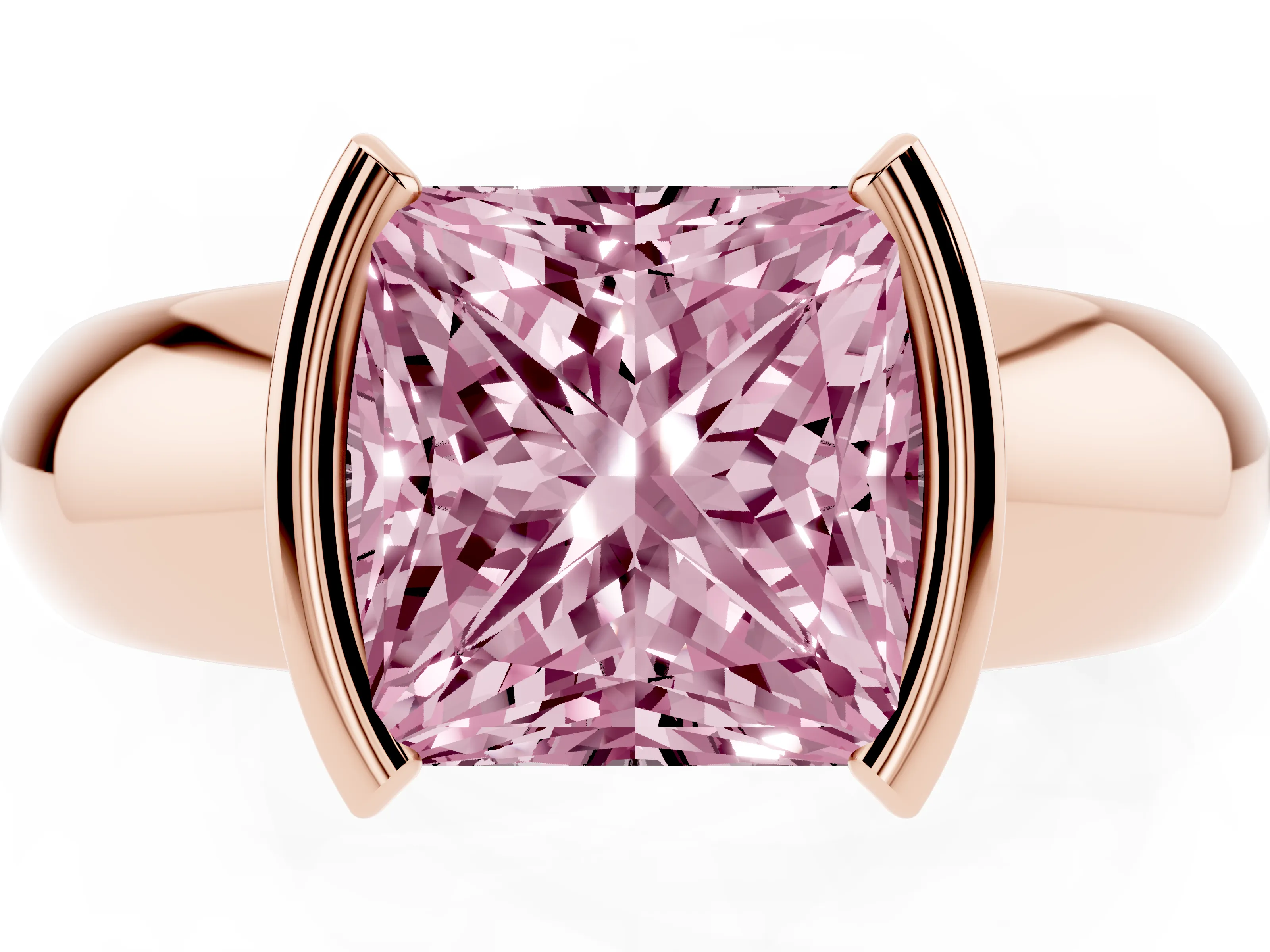 Fancy Pink Princess Cut Diamond Solitaire Tension Set Ring Set in Rose gold with Wide Band