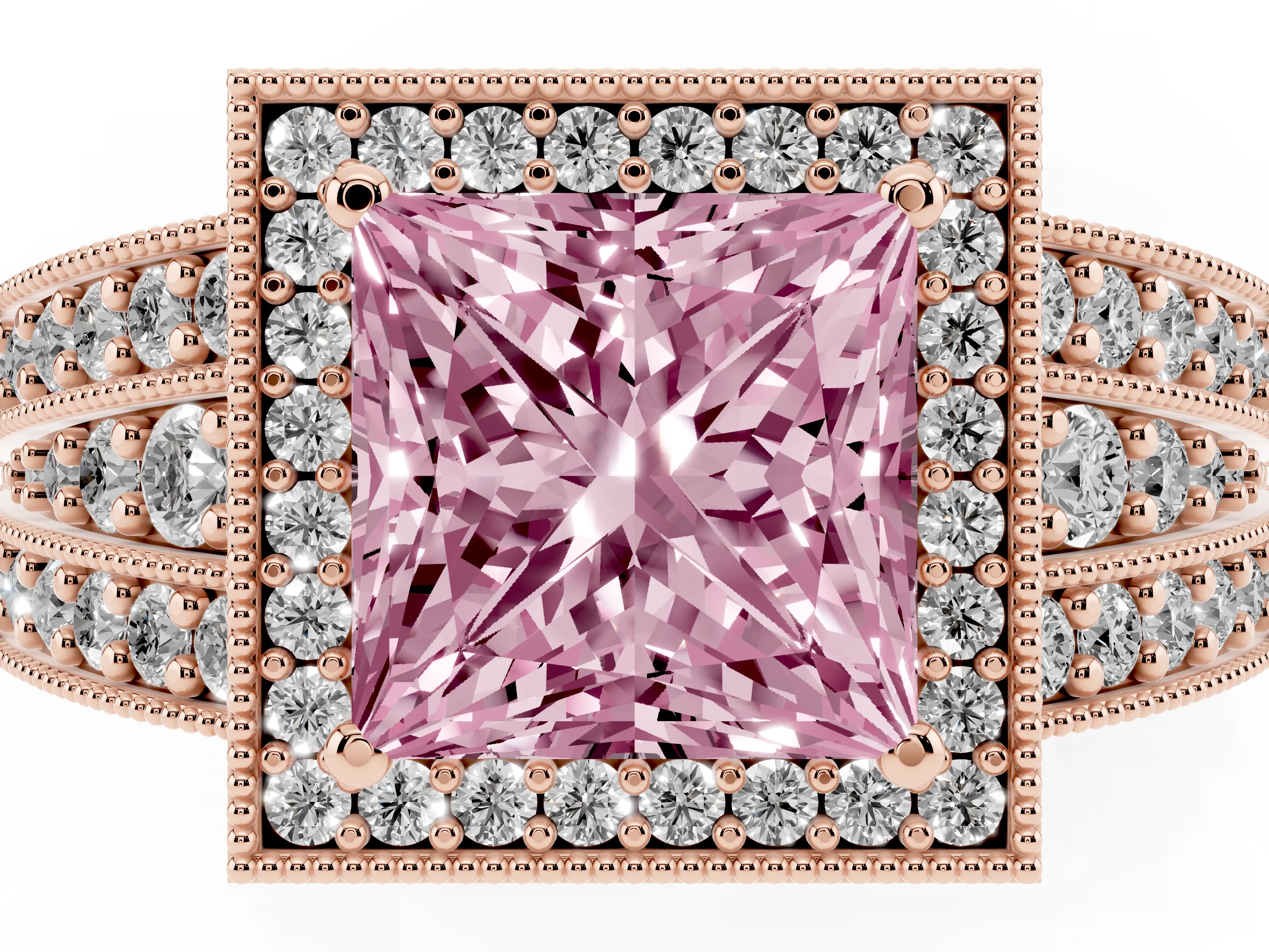 Fancy Pink Princess Cut Diamond Halo Ring Set in Rose gold with Accent Split Shank and Prong Setting