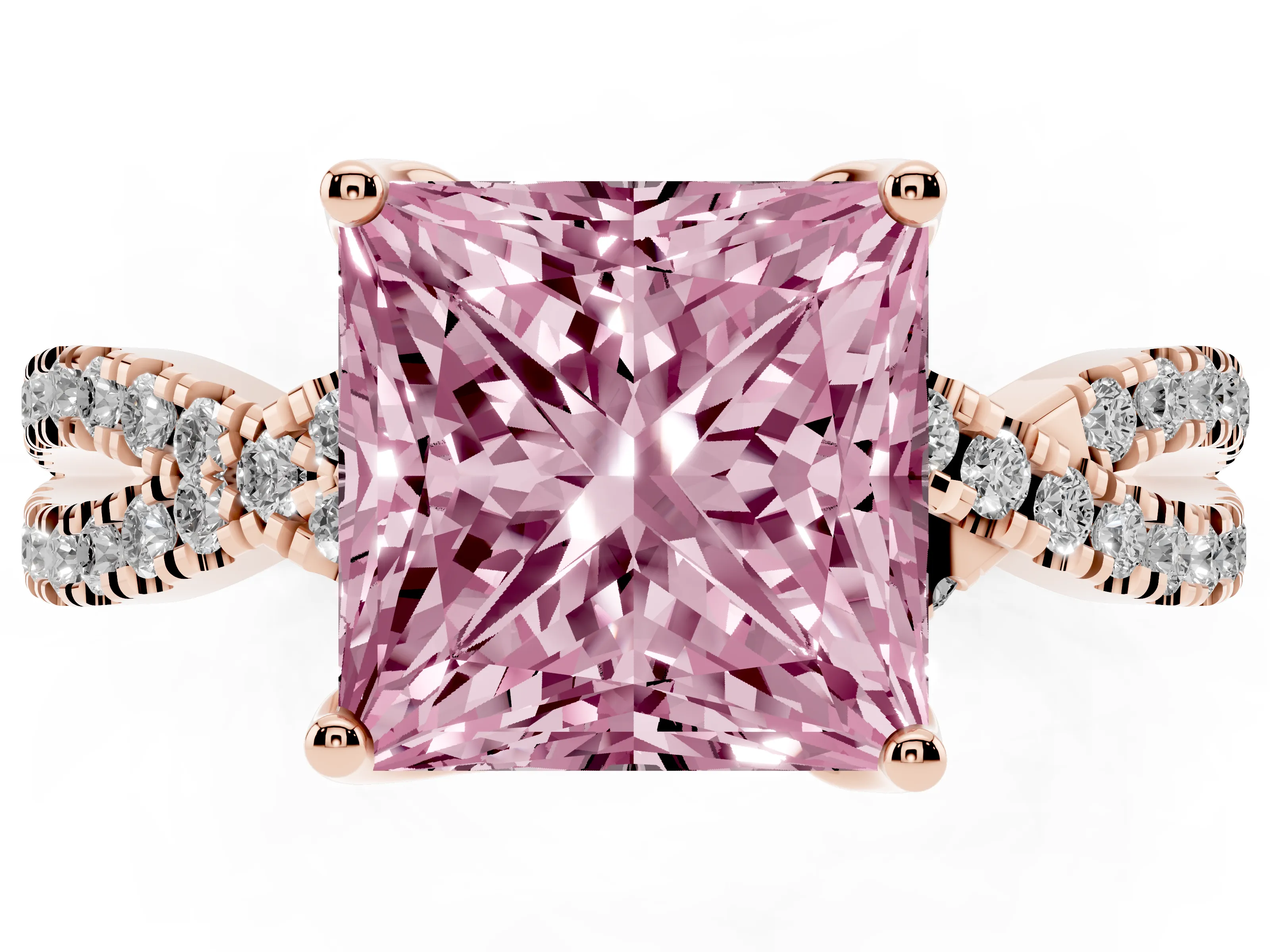 Fancy Pink Princess Cut Diamond Twist Pavé Solitaire Engagement Ring Set in Rose gold with Prong Setting