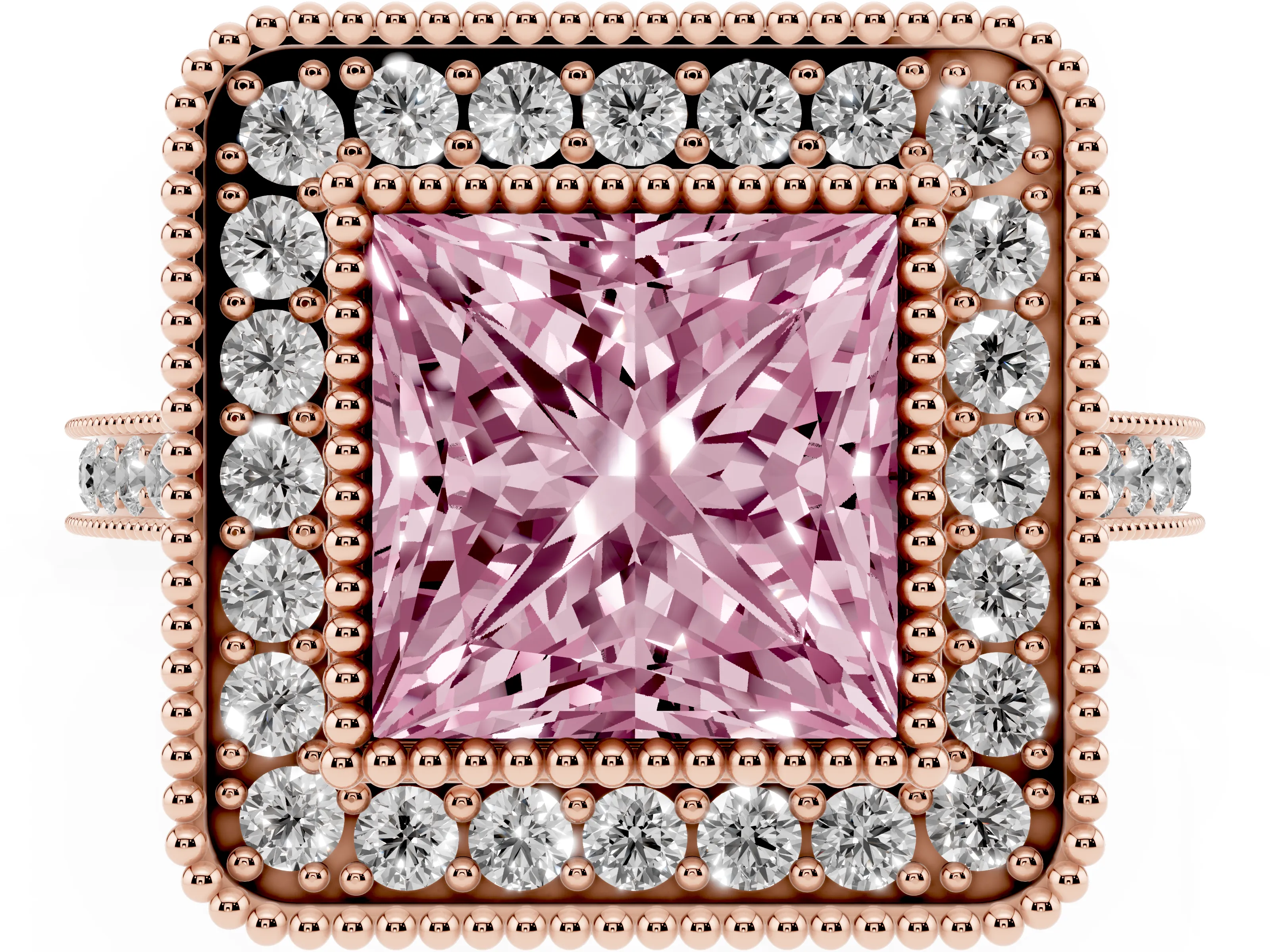 Fancy Pink Princess Cut Diamond Halo Ring Set in Rose gold with Milgrain Frame and Pavé Band