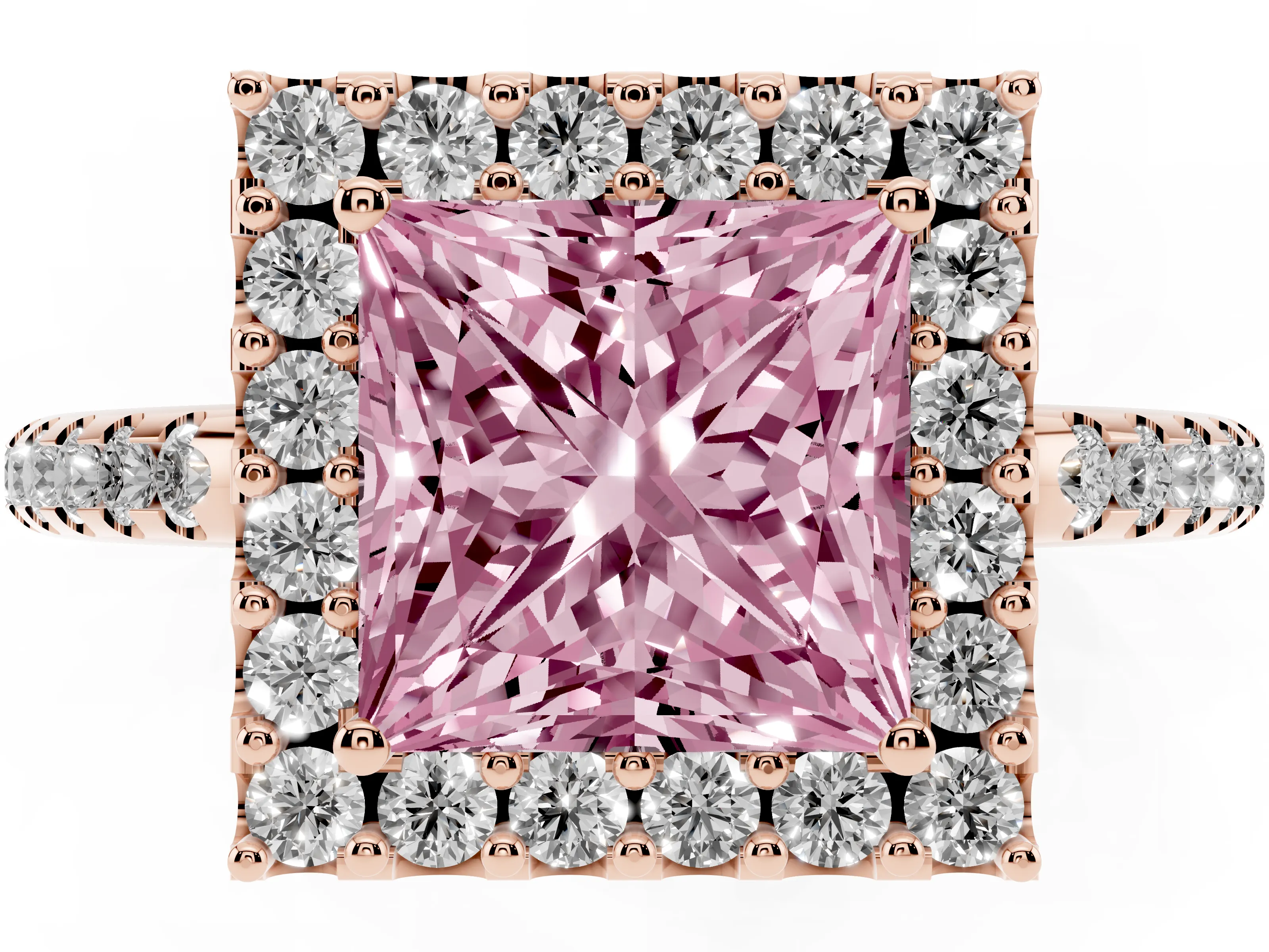 Fancy Pink Princess Cut Diamond Pavé Halo Ring Set in Rose gold with Prong Setting