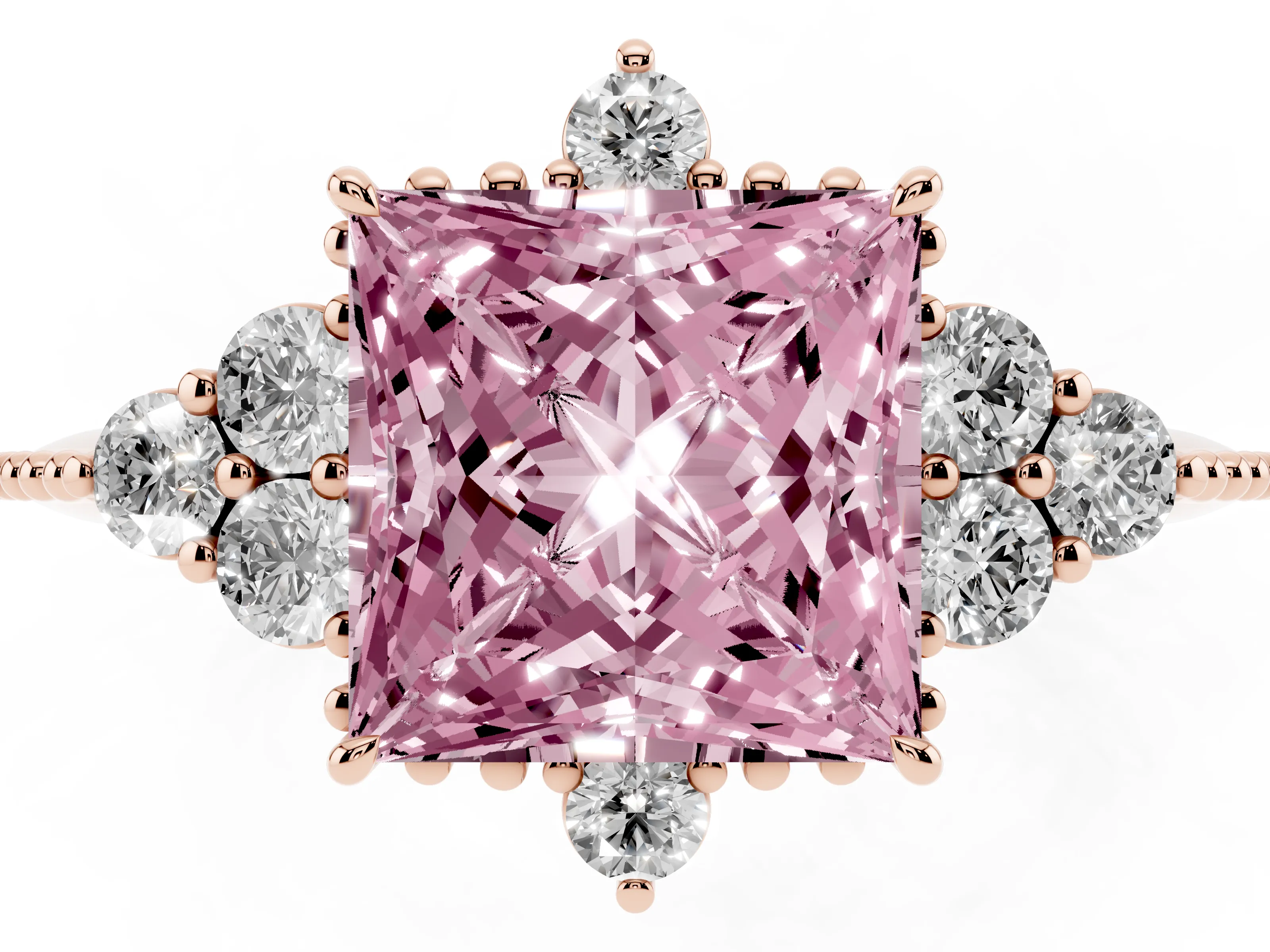 Fancy Pink Princess Cut Diamond Cluster Ring Set in Rose gold with Beaded Band