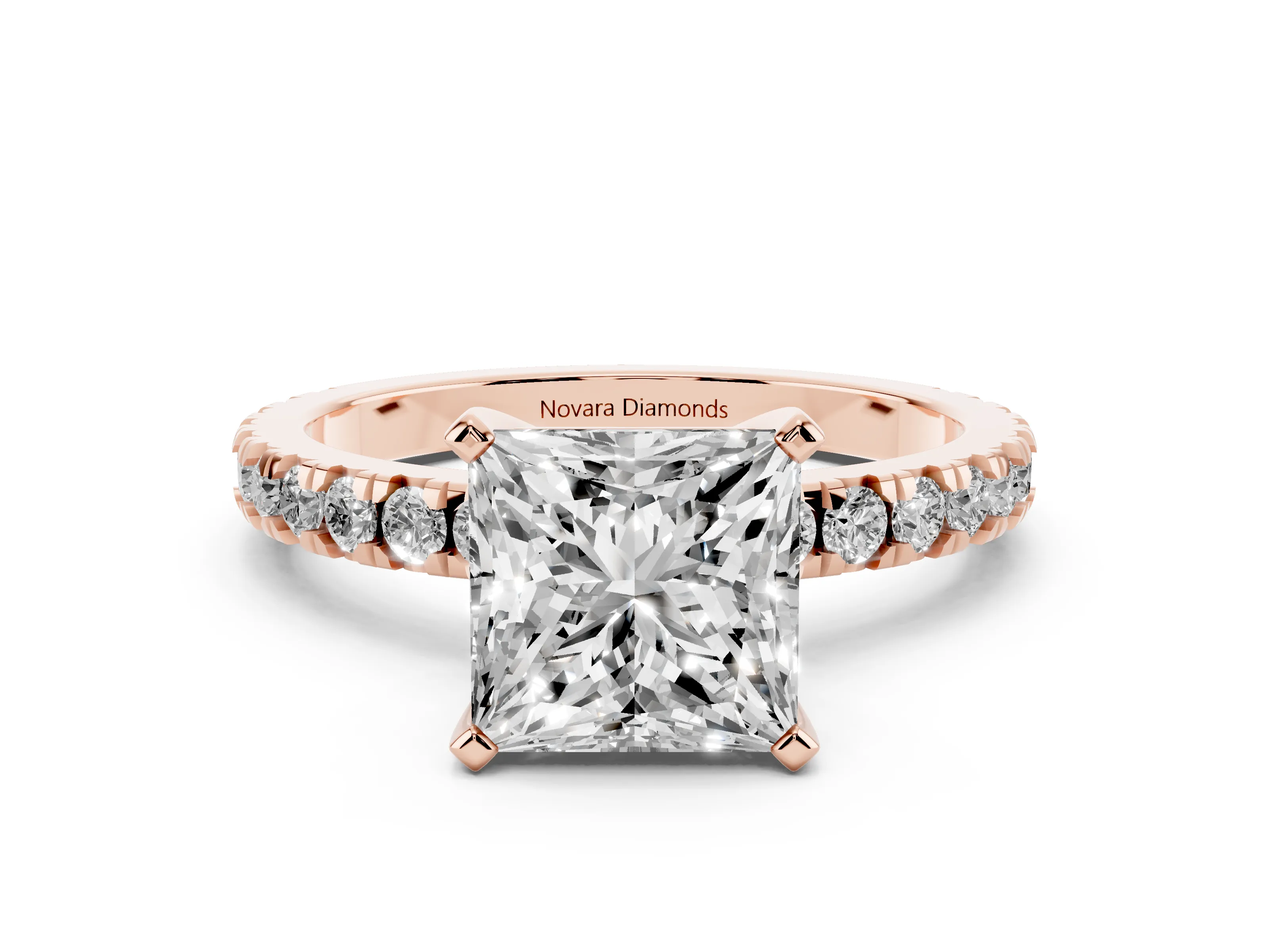 Princess Cut Diamond Pavé Band Solitaire Set in Rose gold with Prong Setting